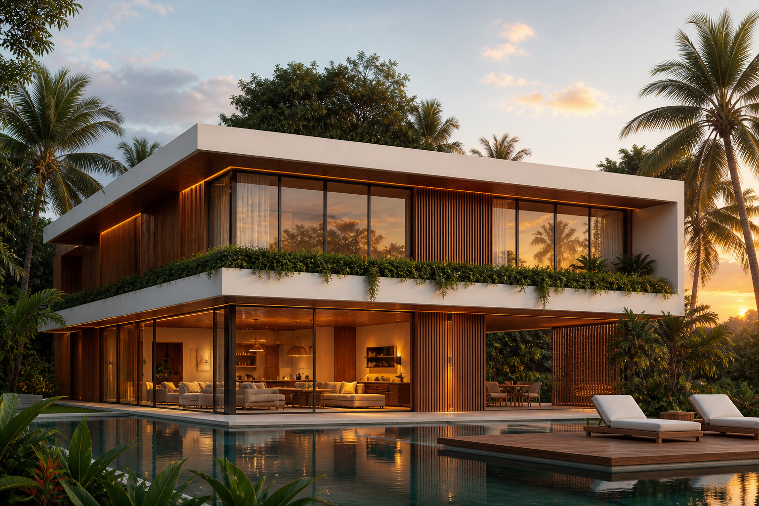 Modern two-story house with large glass windows, wooden paneling, greenery on balcony, and a pool with lounge chairs at sunset.
