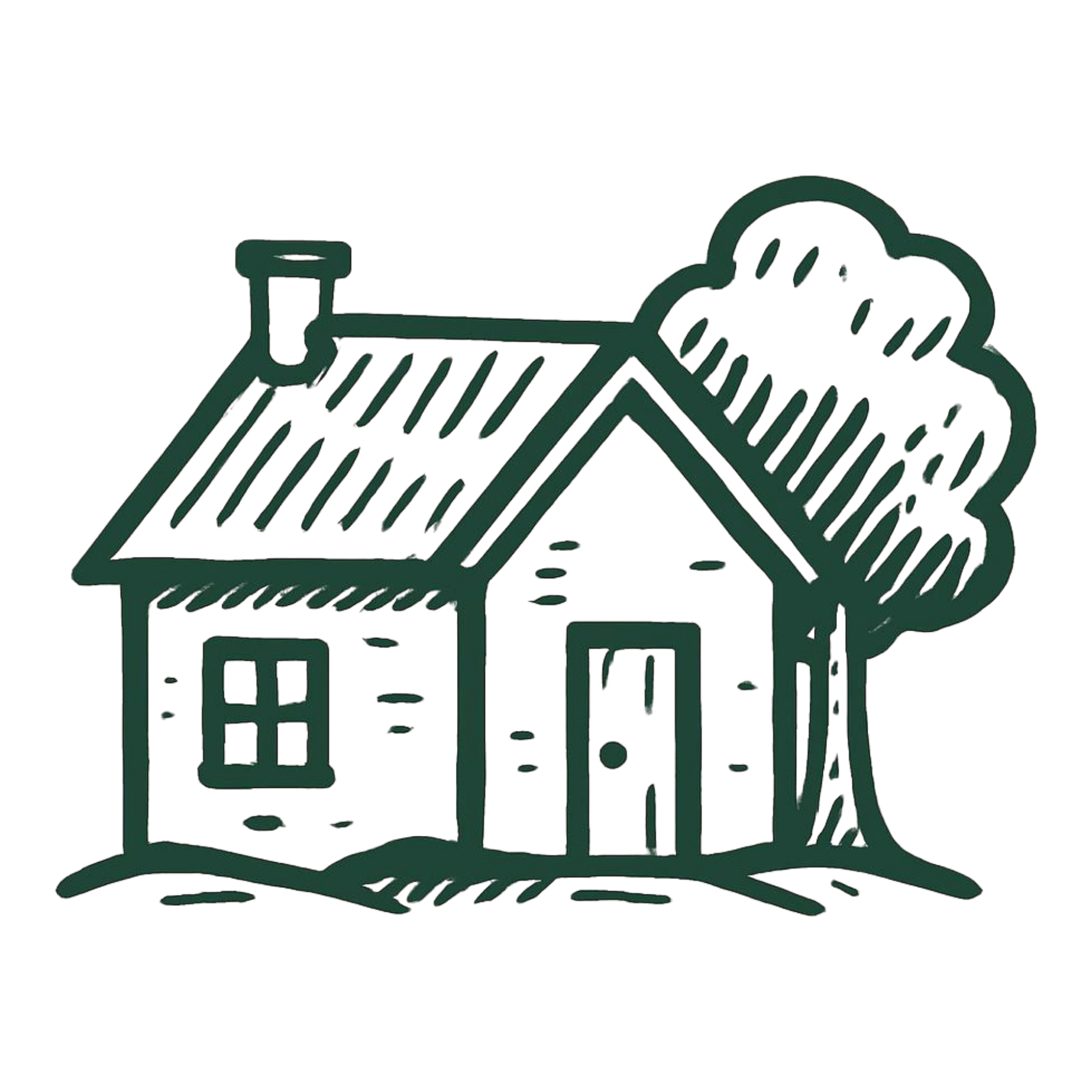 Simple black line drawing of a house with a chimney, window, door, and a tree behind it.
