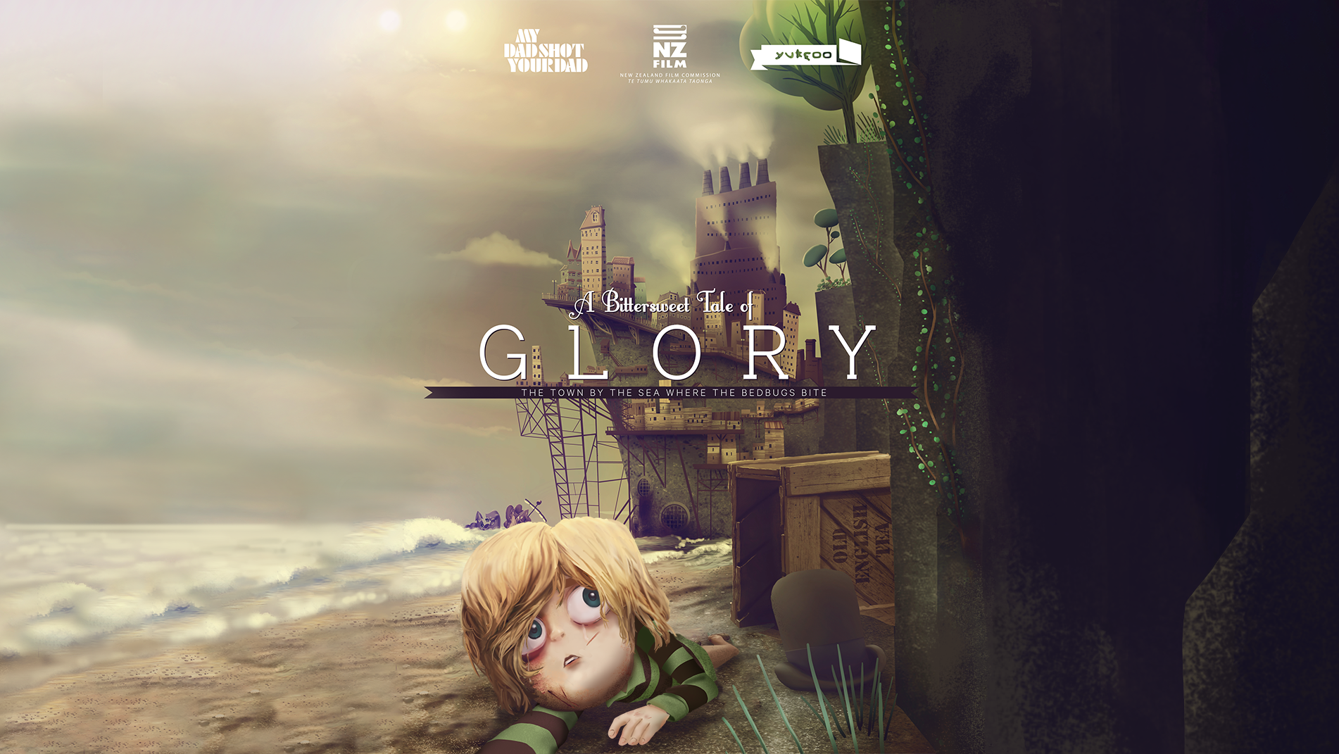 Glory artwork for Bittersweet Tales of Hope, showing a child beside a gloomy seaside building.