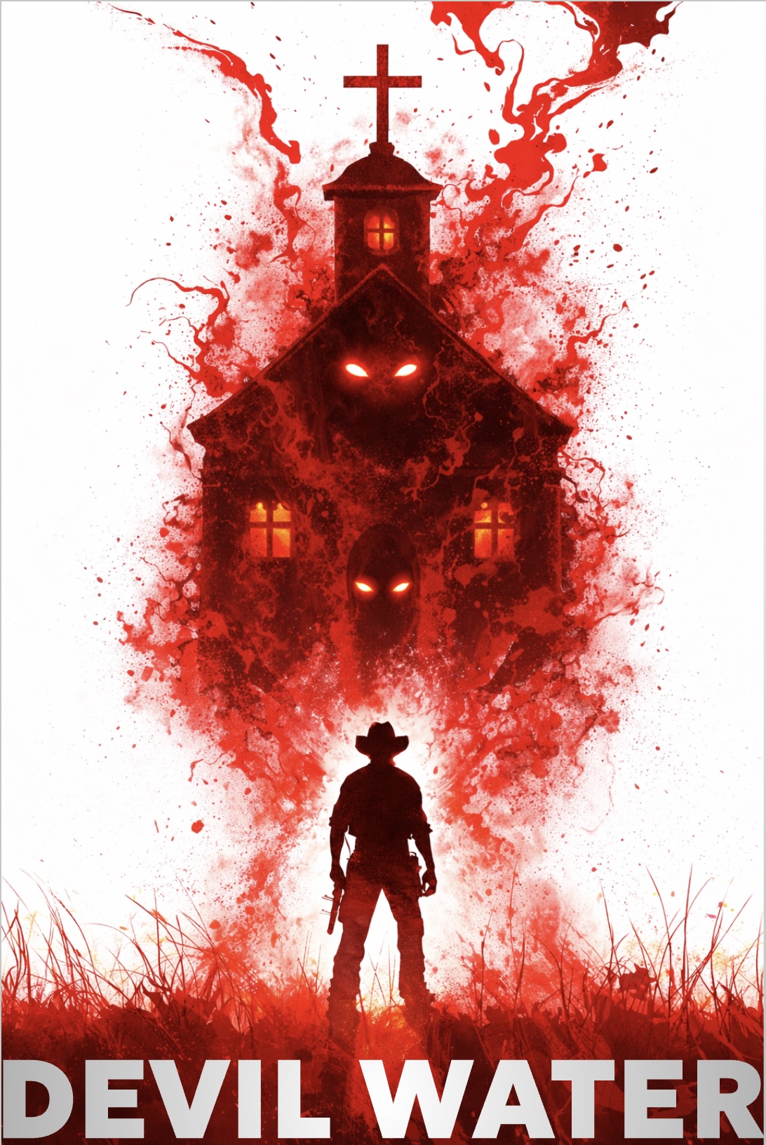 Devil Water poster with a silhouetted figure below a red supernatural apparition.