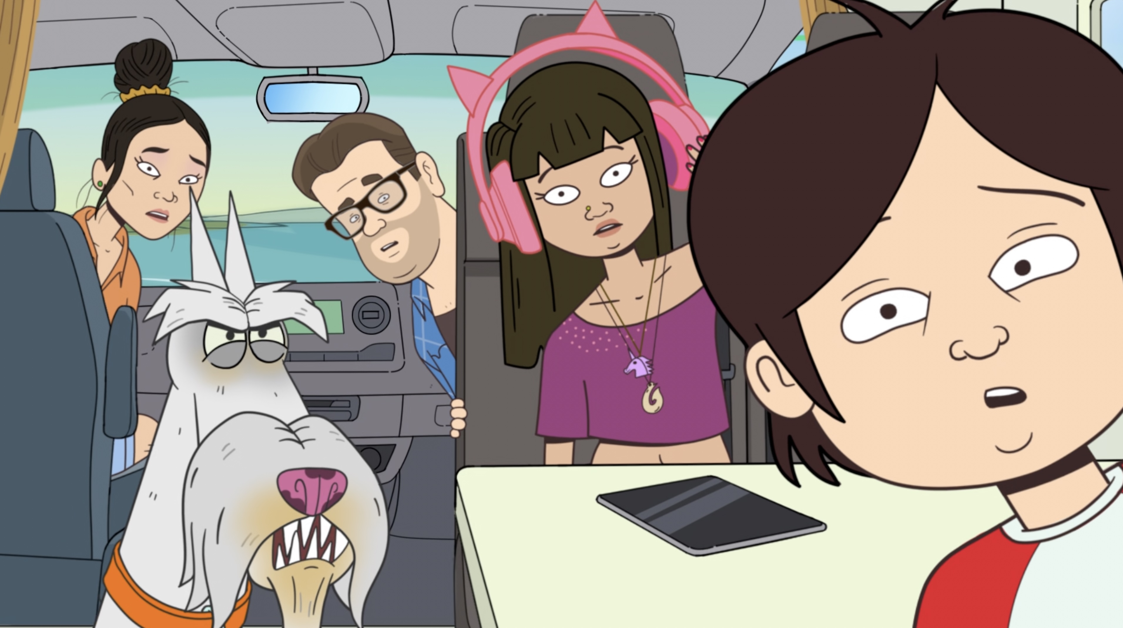 The Van Pollo family and their dog inside a campervan in the animated Apollo commercial.
