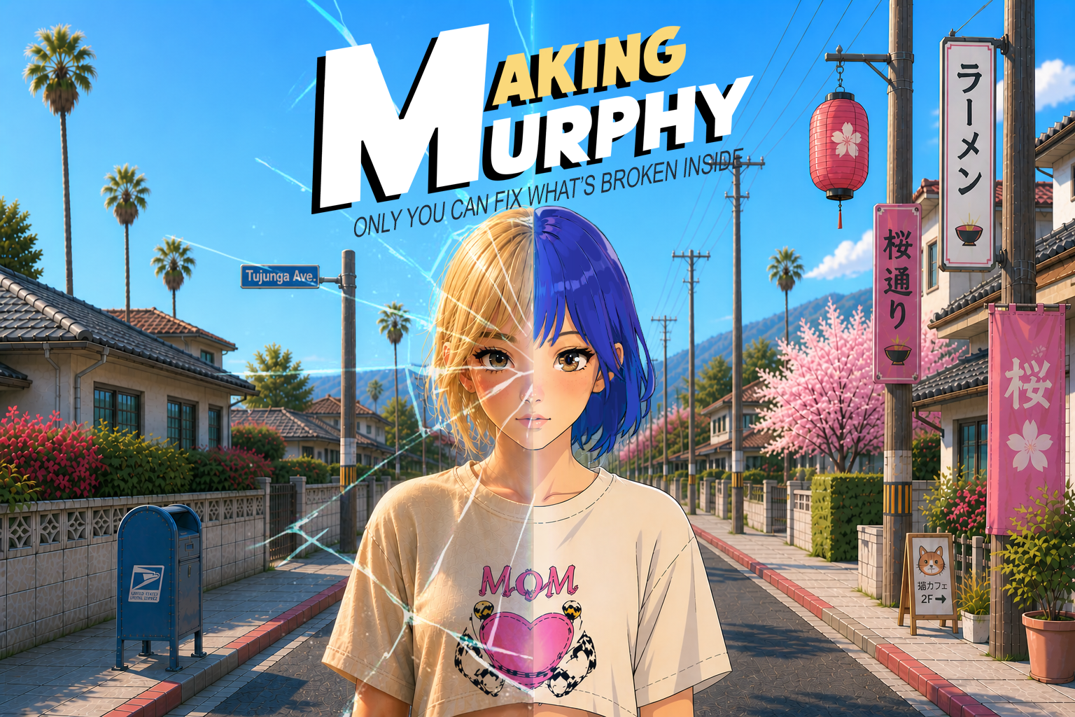 Making Murphy poster showing Murphy between a Los Angeles street and an anime-inspired Japanese street.
