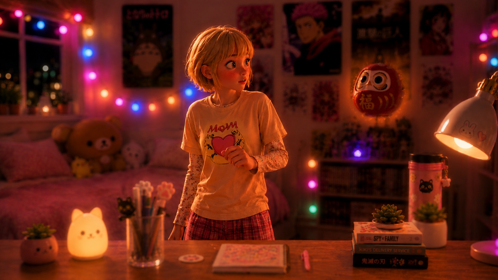 Murphy stands beside a glowing daruma doll in her warmly lit bedroom.