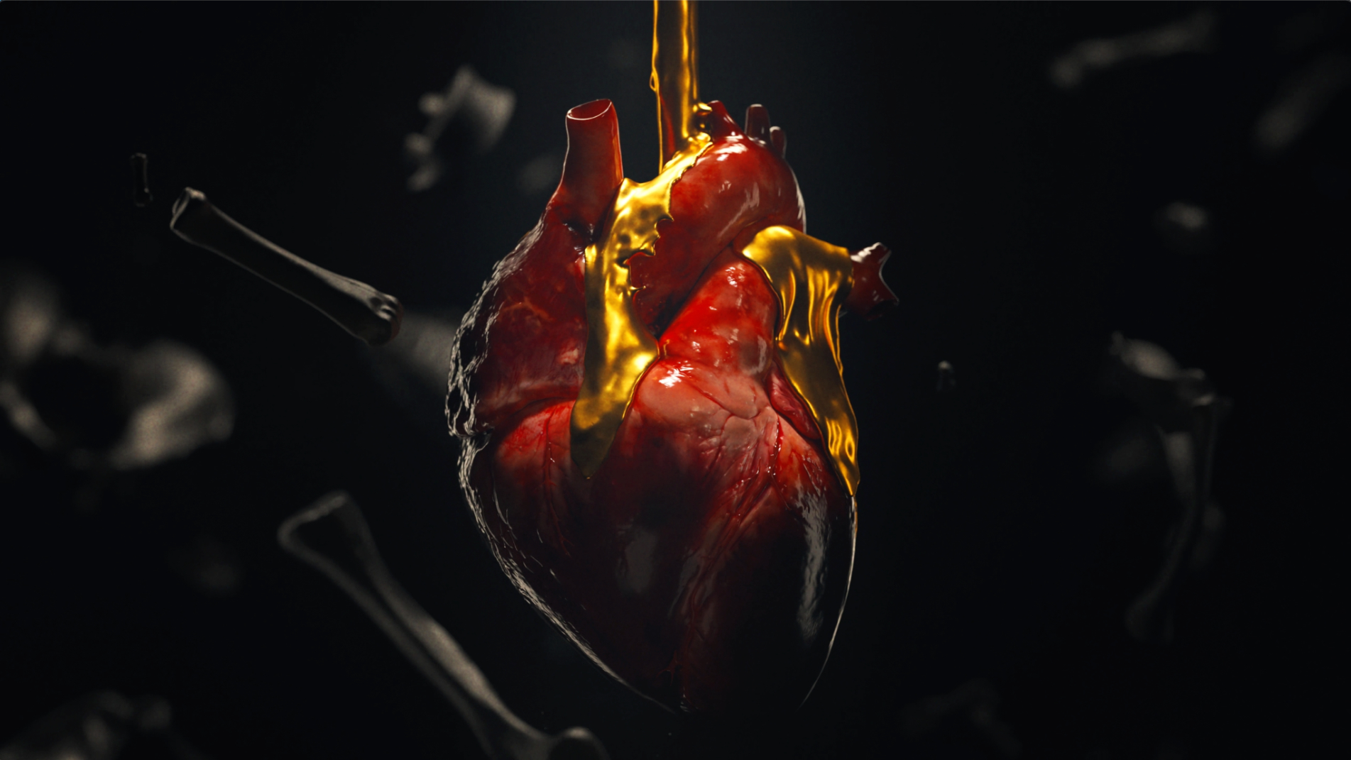 A human heart is covered in molten gold while bones fall through a dark background, from Icarus.