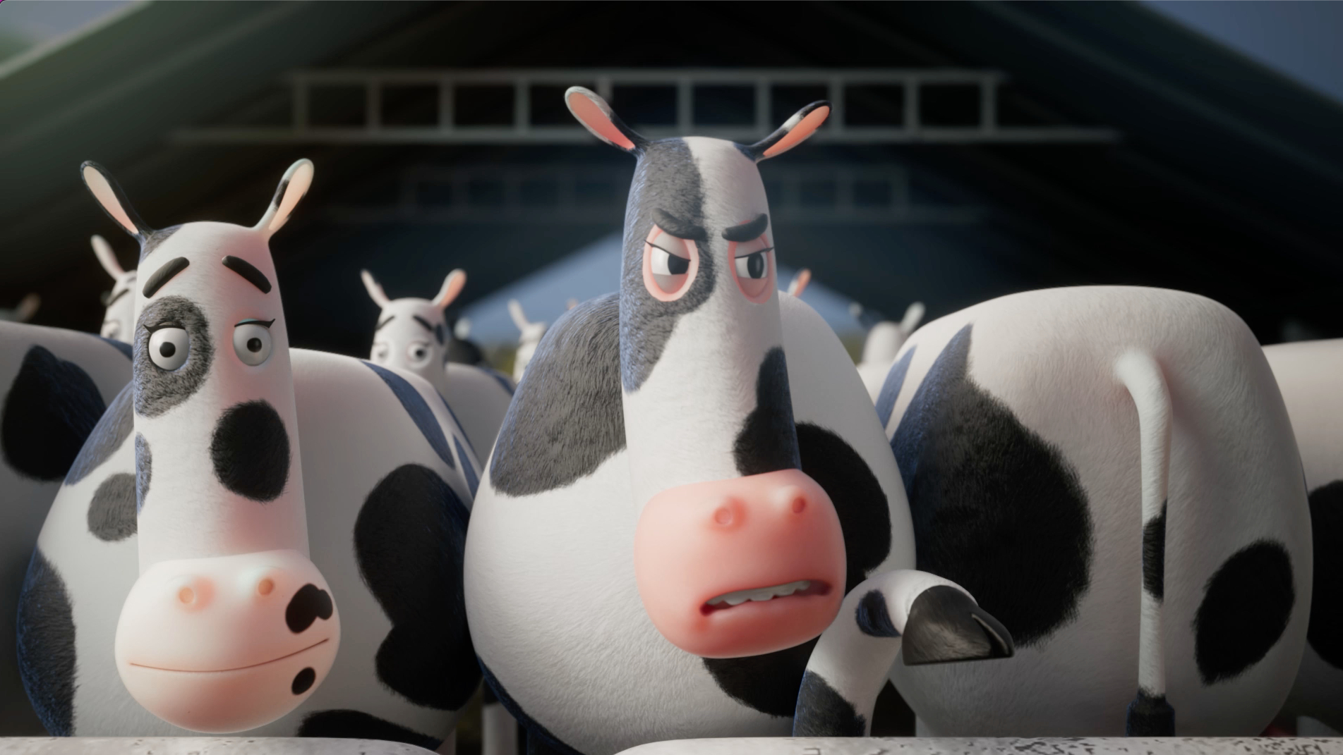 Two stylised 3D cows peer over a fence in the Greener Grass commercial.