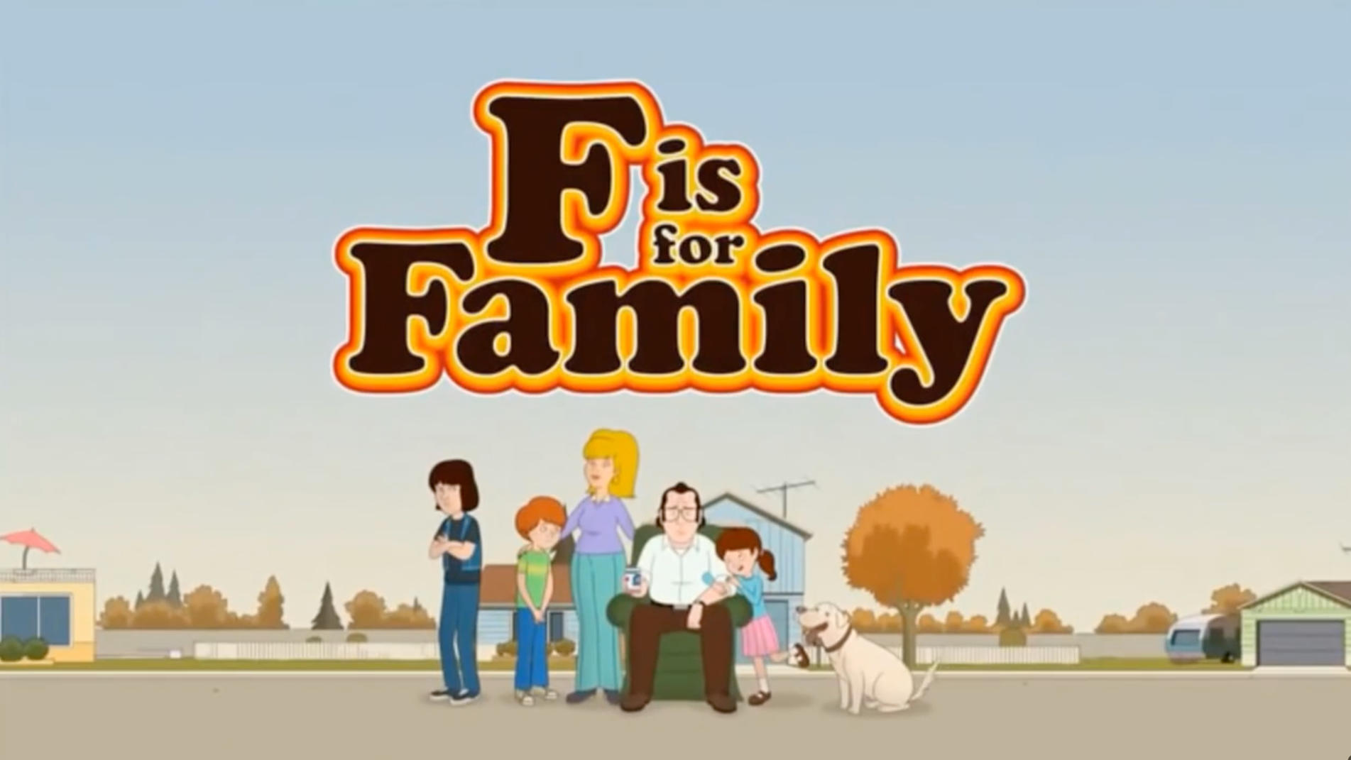 F is for Family title above the Murphy family in a suburban street.