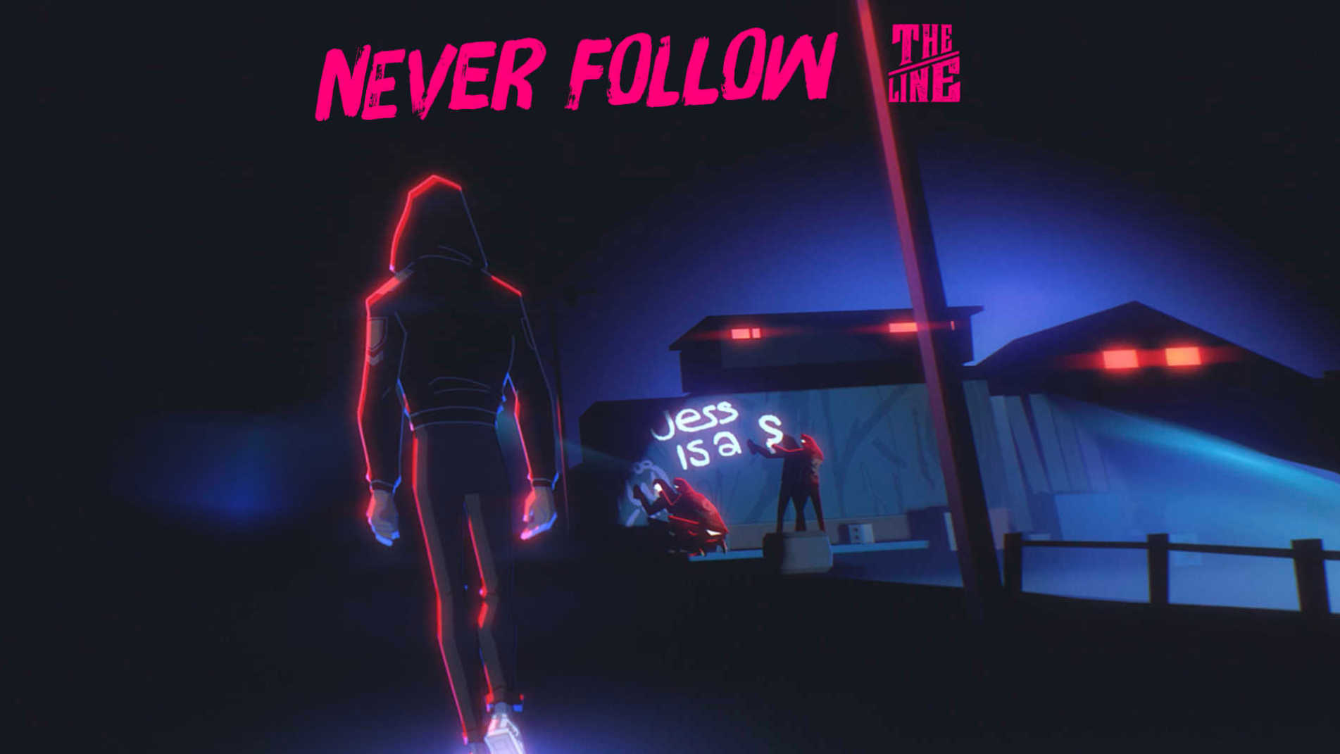 Never Follow title above a neon-lit street scene from The Line's animated short.