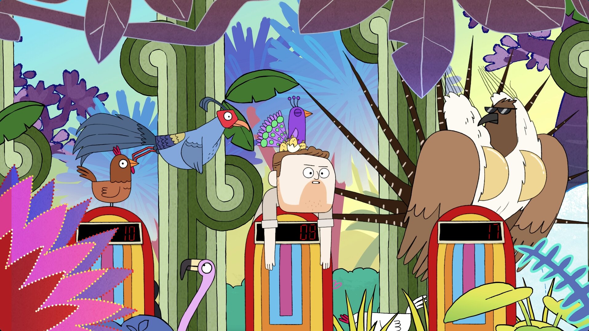 Colourful animated performers in a tropical fantasy scene from Game Changer.