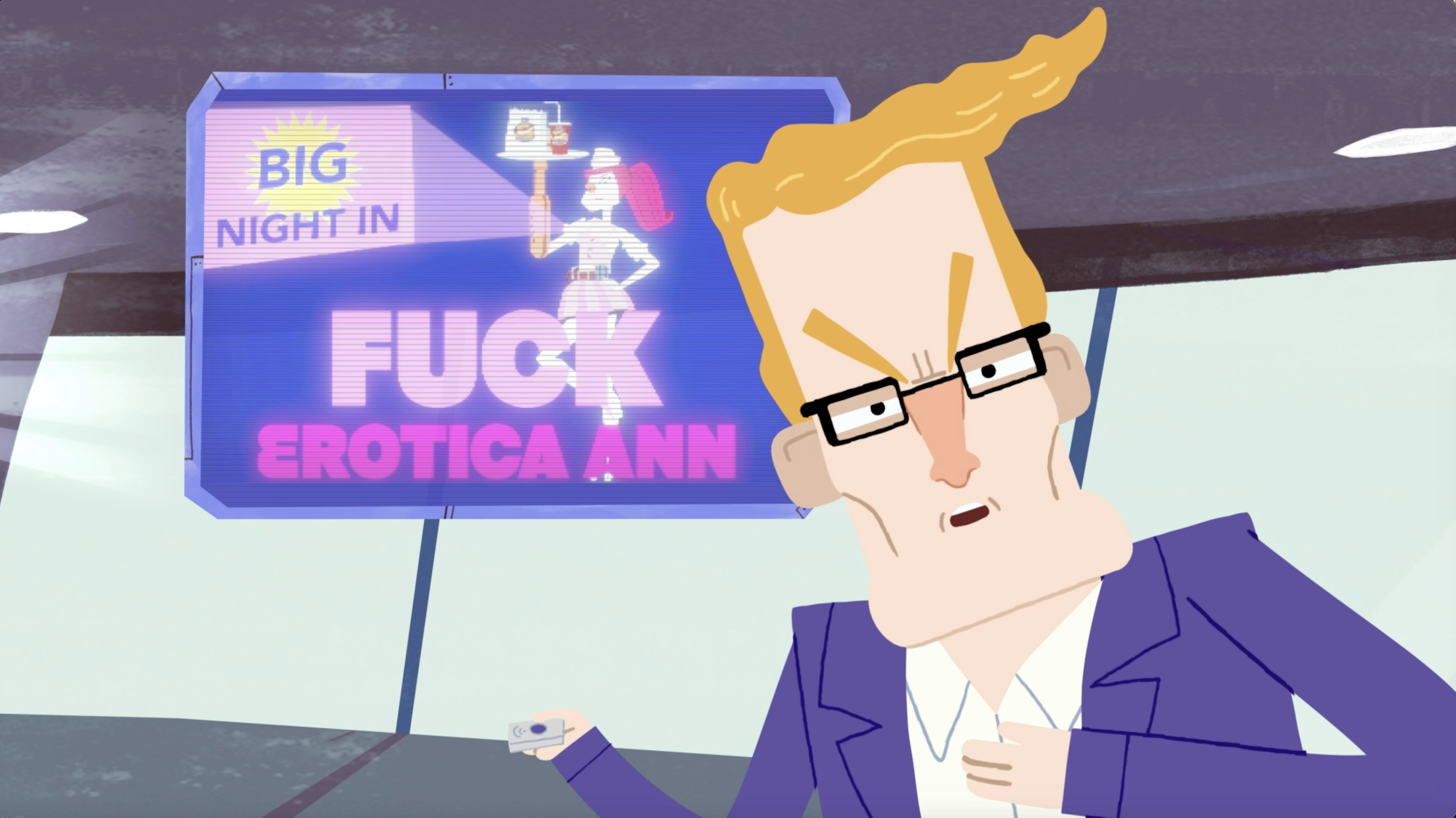 An animated blond man in glasses speaks beside a neon sign in a D20 short.