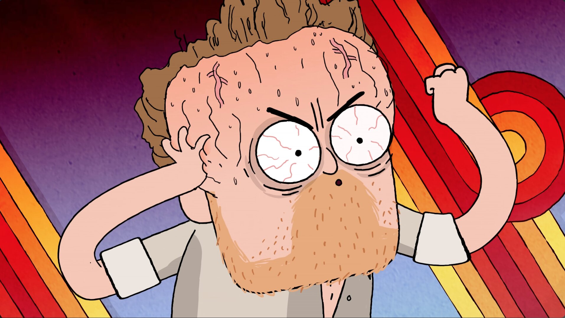 An expressive animated man with glasses grips a steering wheel in Game Changer.