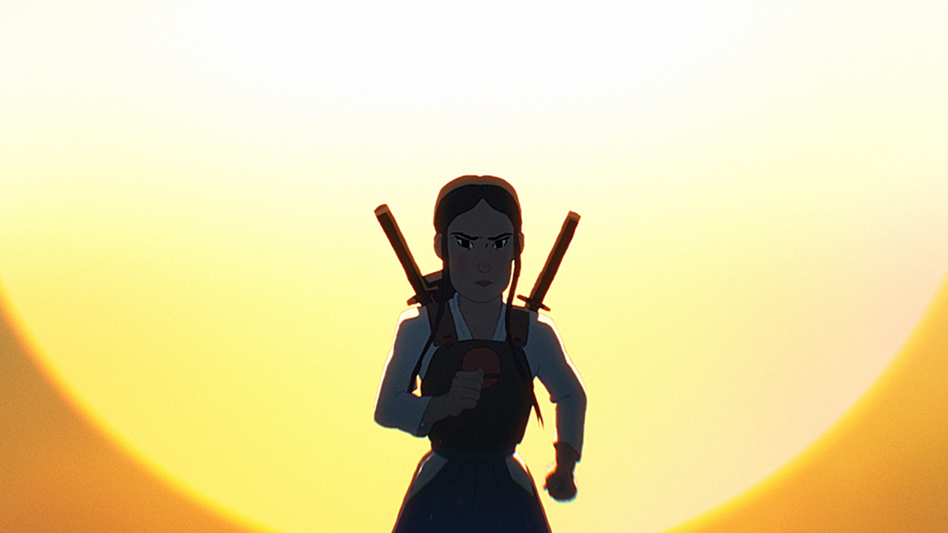 An anime heroine with two swords silhouetted against a golden sun, from AIKO.