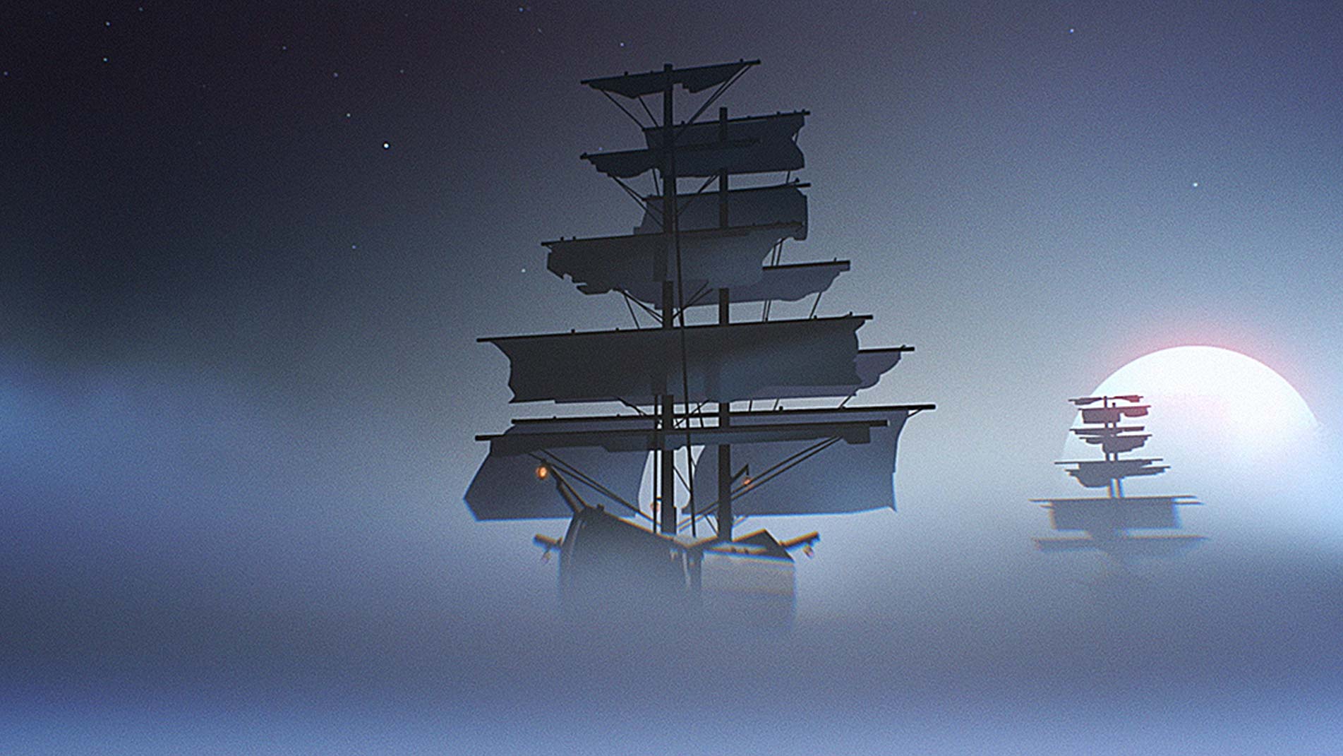 Sailing ships cross a misty sea beneath a full moon.