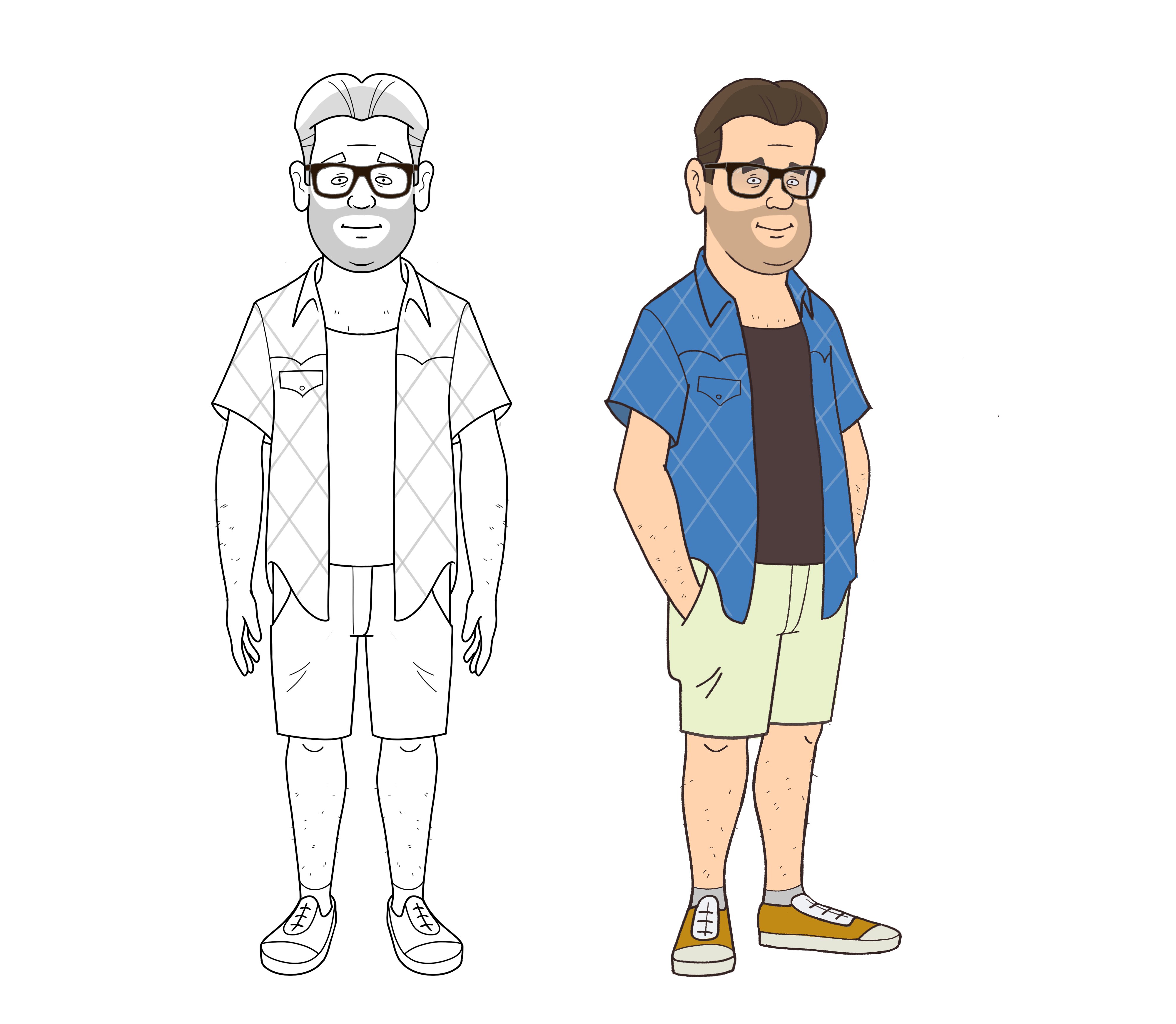 Black-and-white and colour character designs of Johnny from The Van Pollo's.