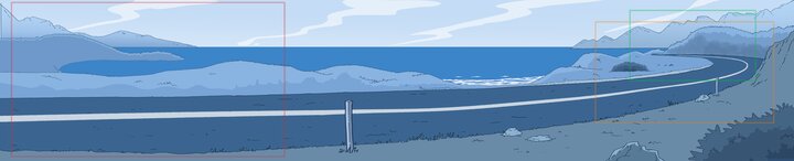 Panoramic rough layout of a winding coastal road and distant mountains.