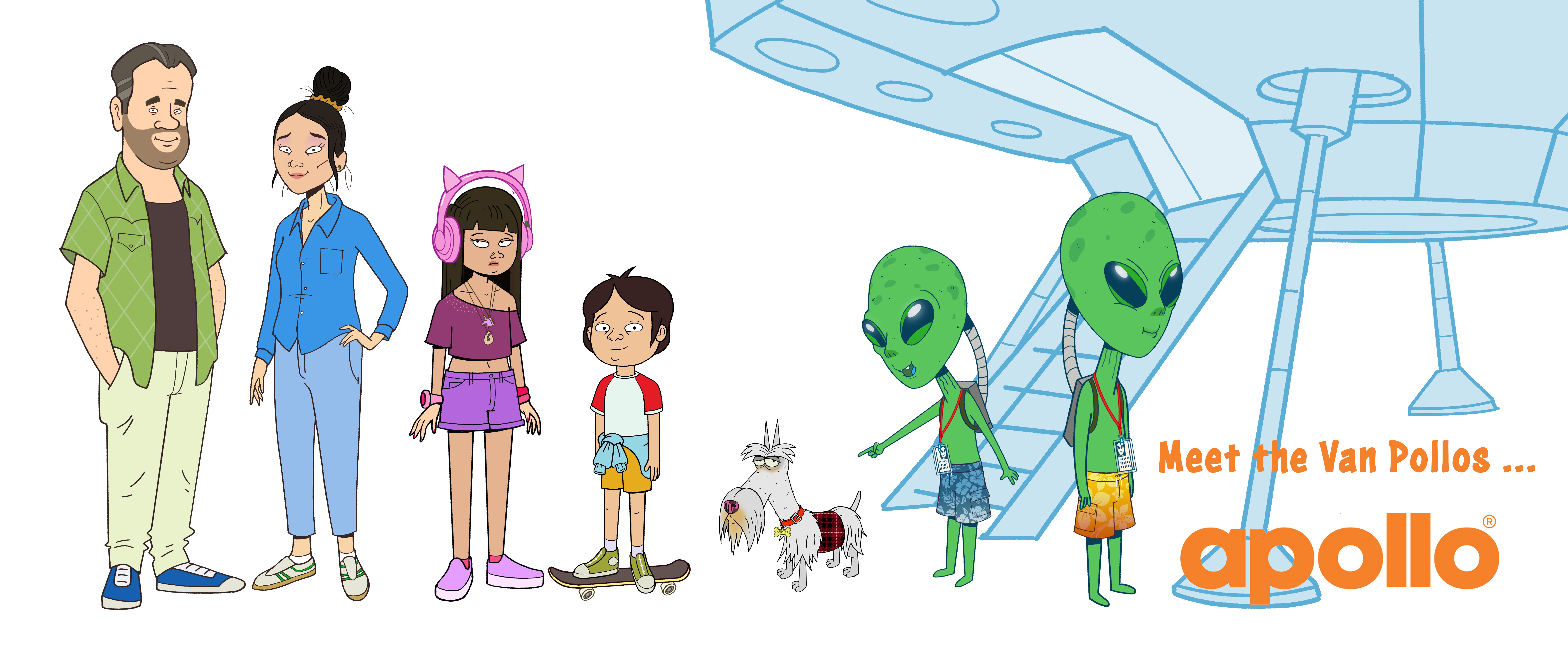 The Van Pollo family, their dog and two aliens in a character lineup for Apollo.