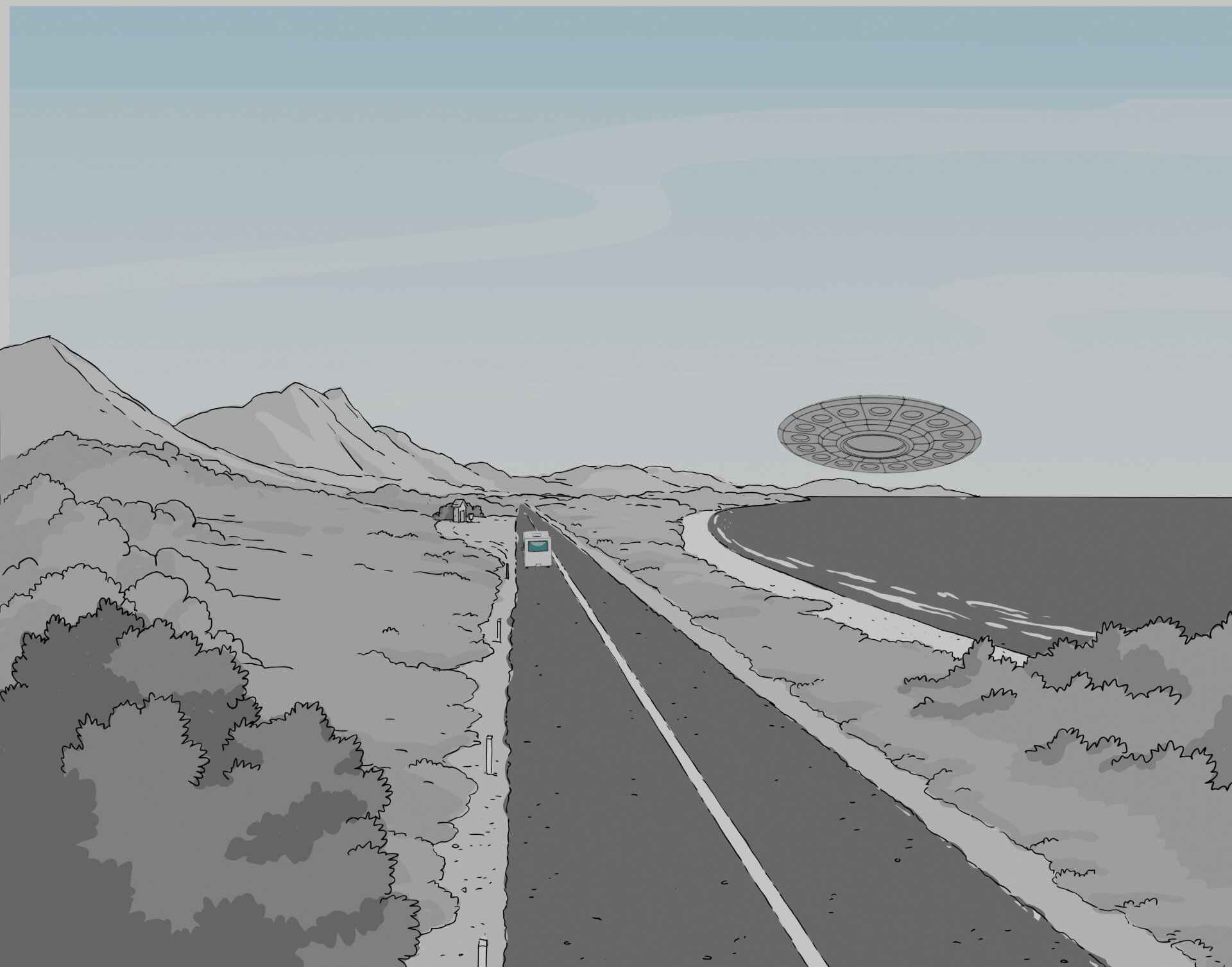 Greyscale layout of a coastal road and distant hills for the Apollo commercial.