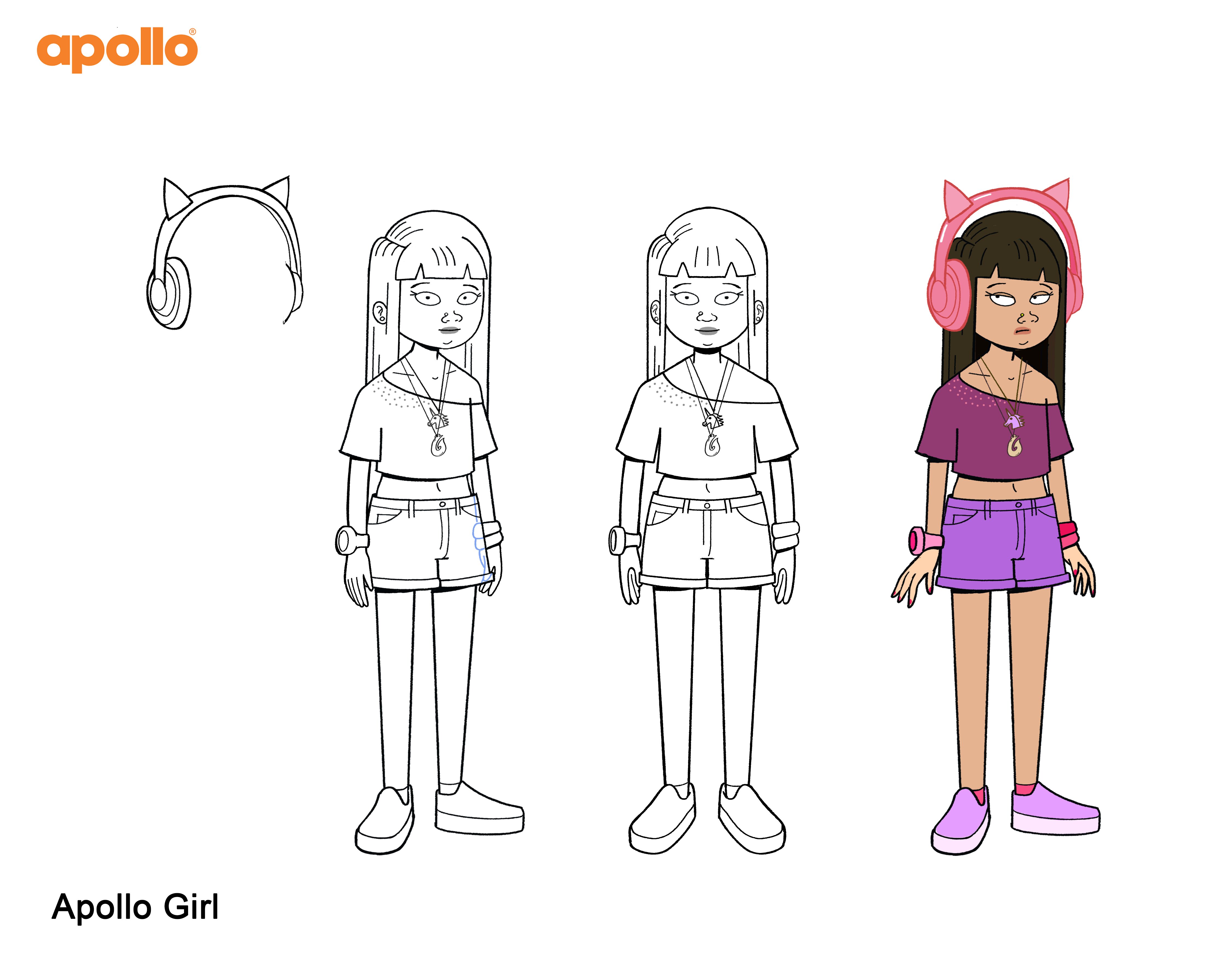 Front, side and colour character studies of the teenage girl from The Van Pollo's.
