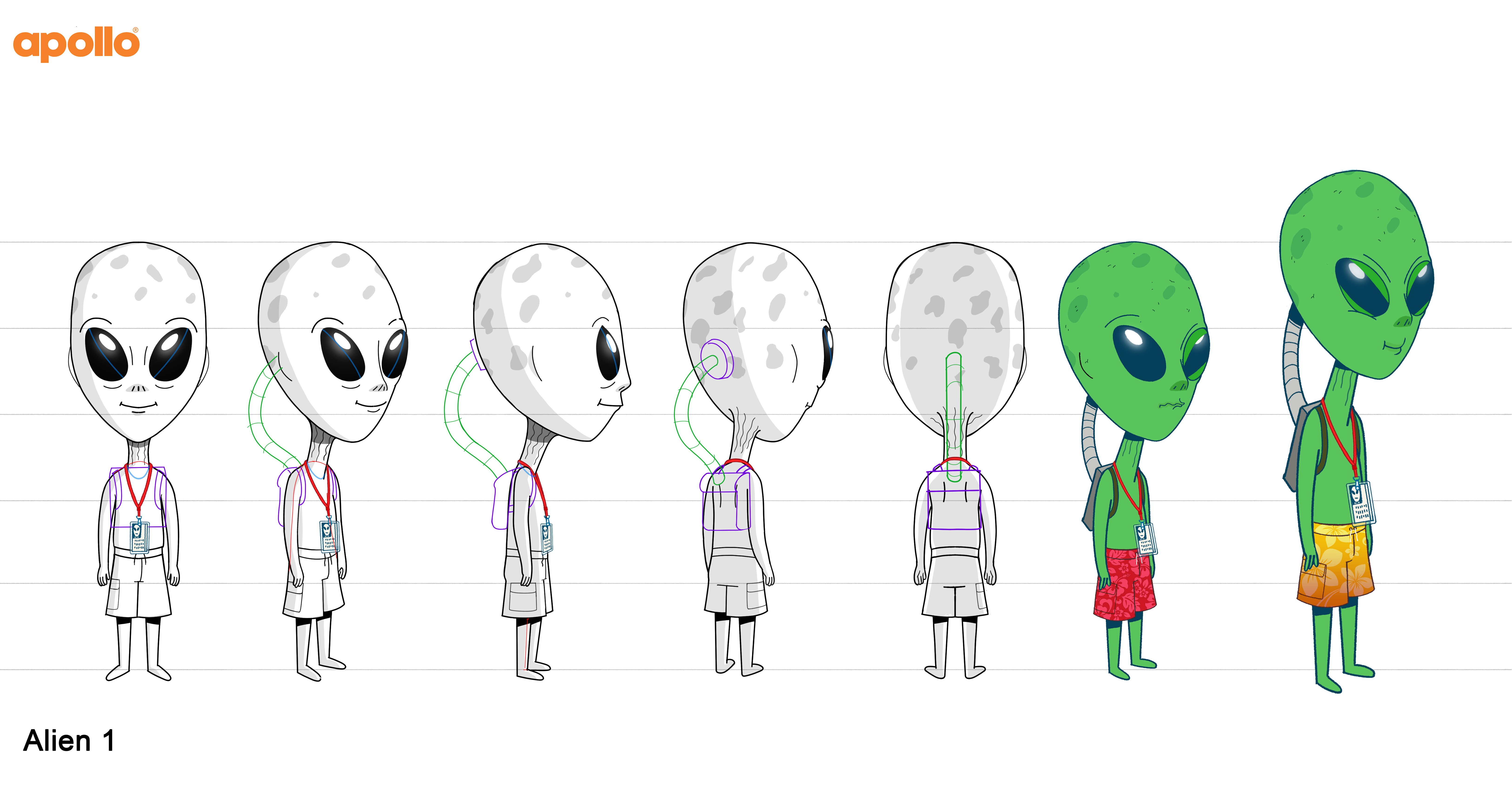 Turnaround drawings and colour studies of a green alien from The Van Pollo's.