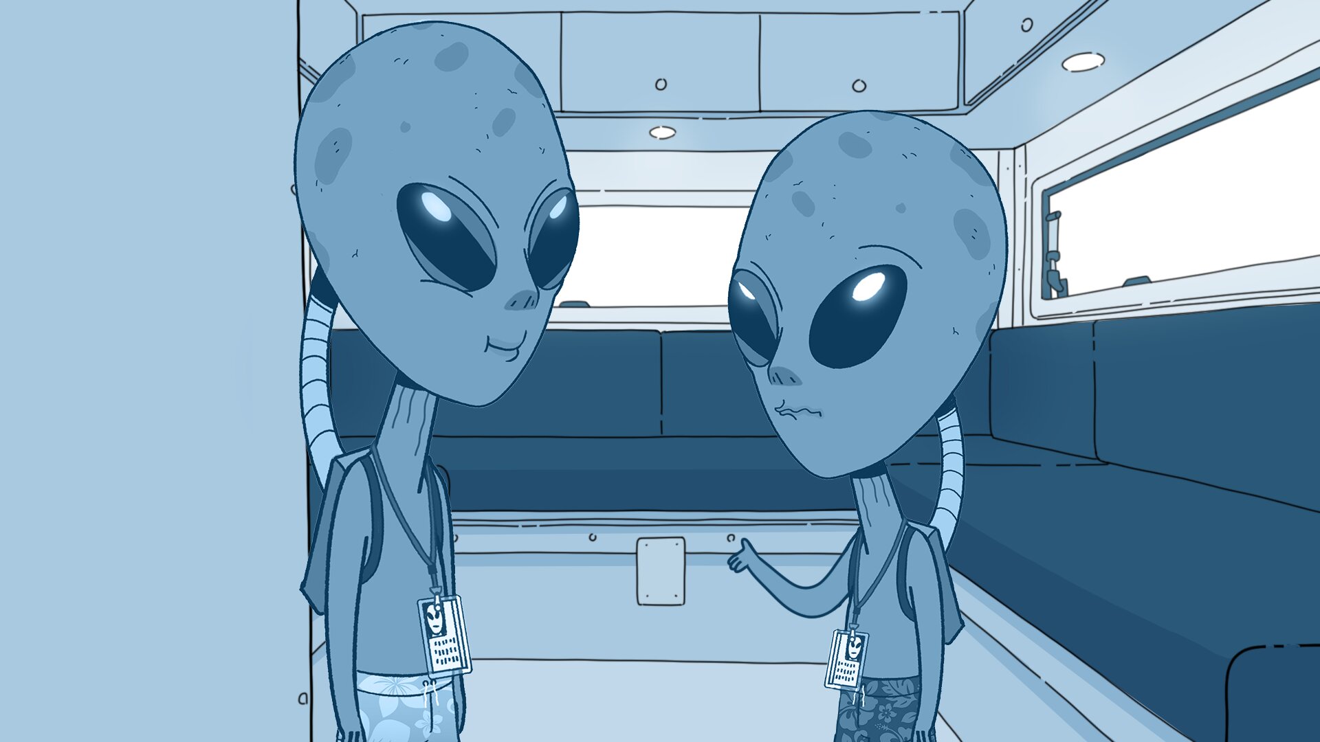 Blue-toned storyboard frame of two aliens inside a campervan dining area.