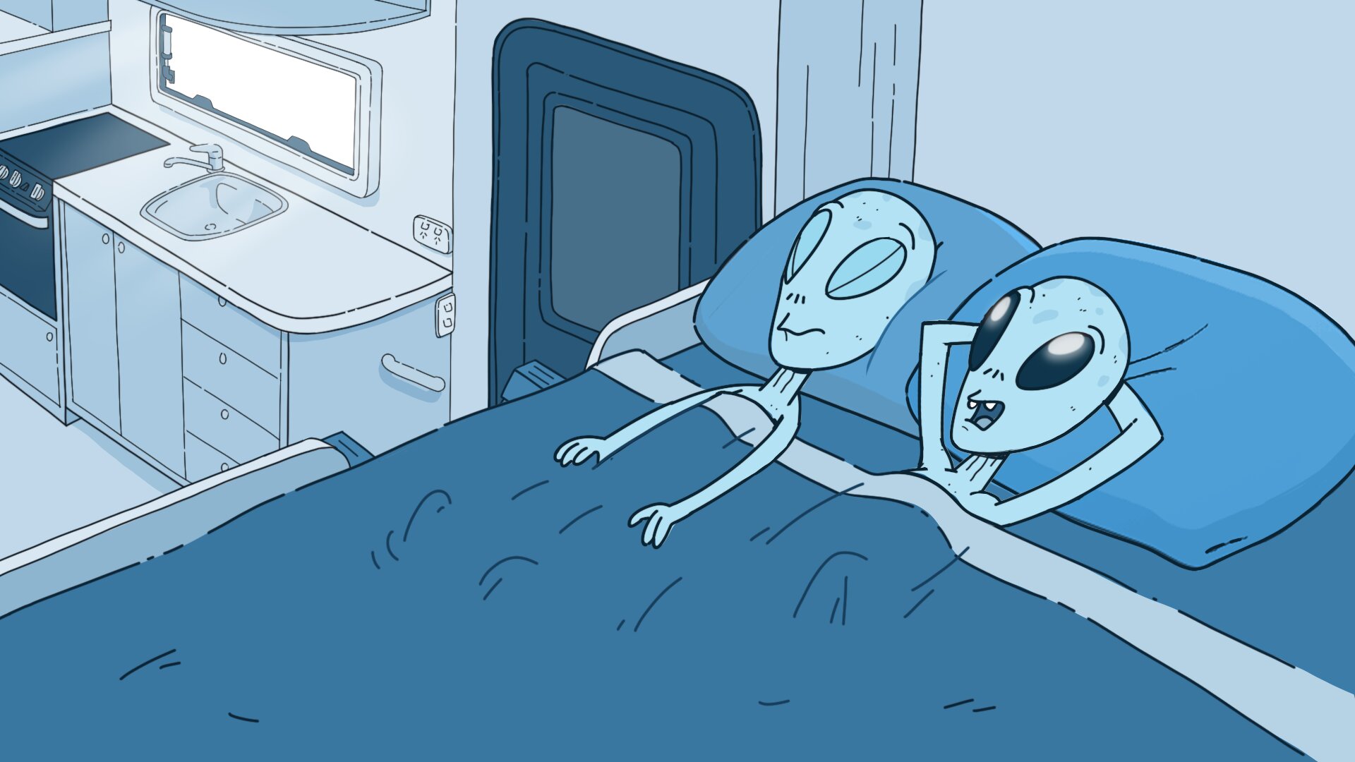 Blue-toned storyboard frame of two aliens lying on a campervan bed.