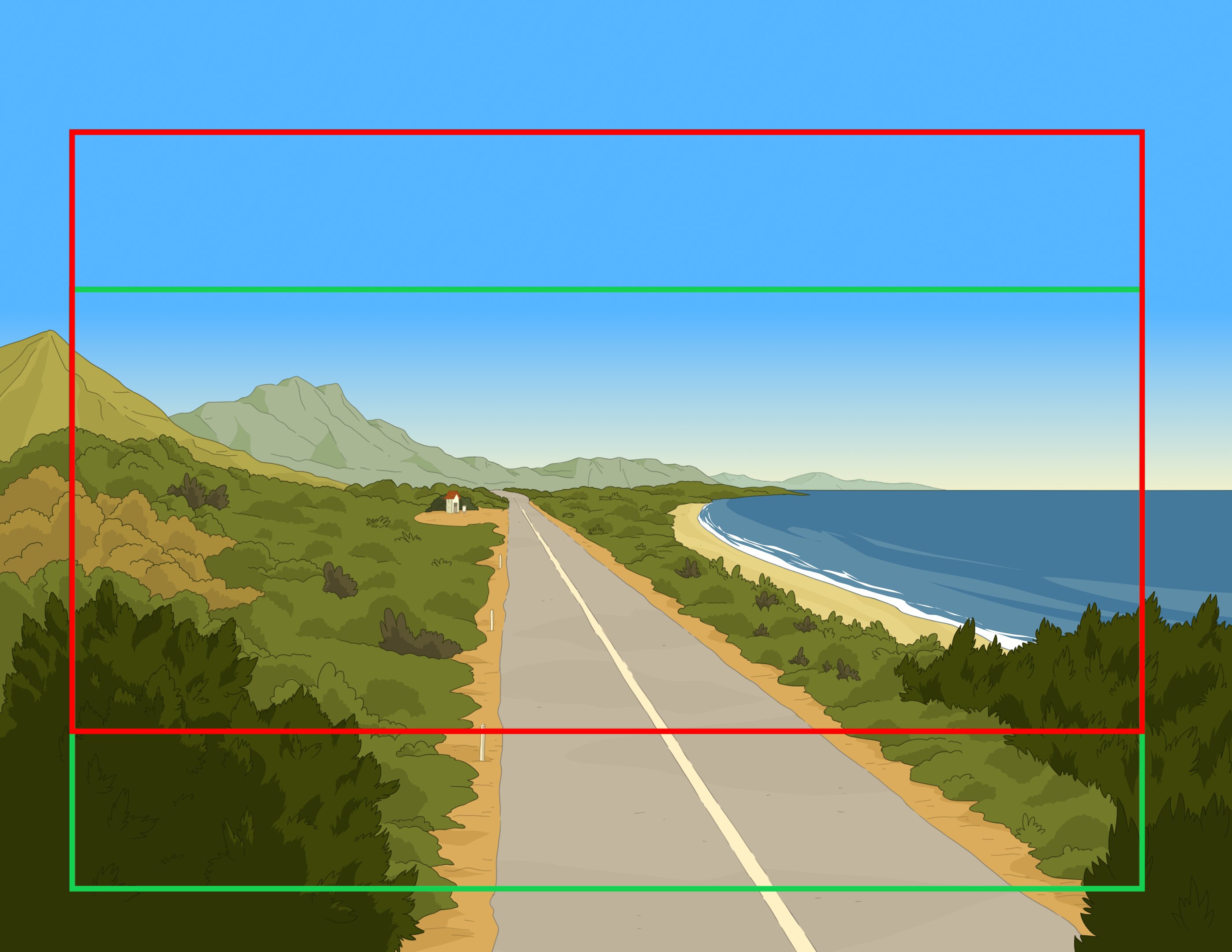 Colour layout of a coastal road, hills and sea with framing guides for the Apollo commercial.