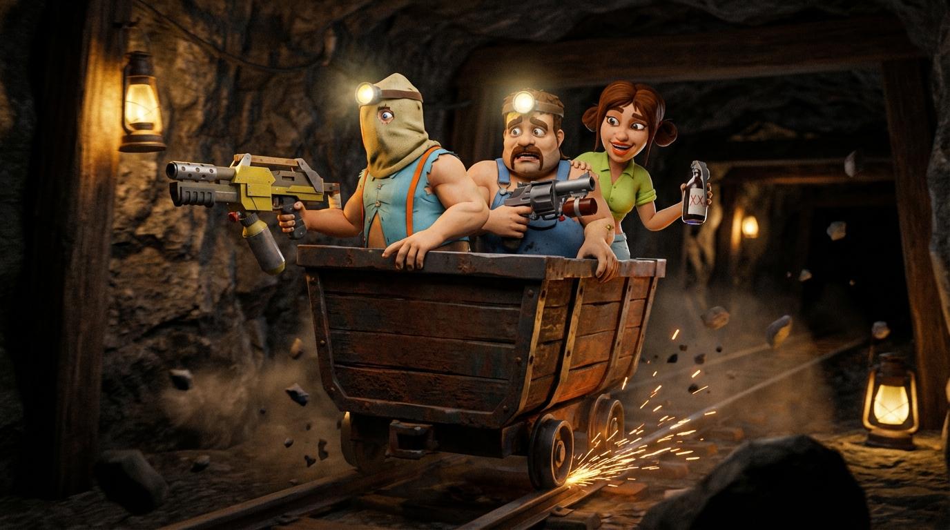 Three Badger family members ride a mine cart through a dark tunnel.
