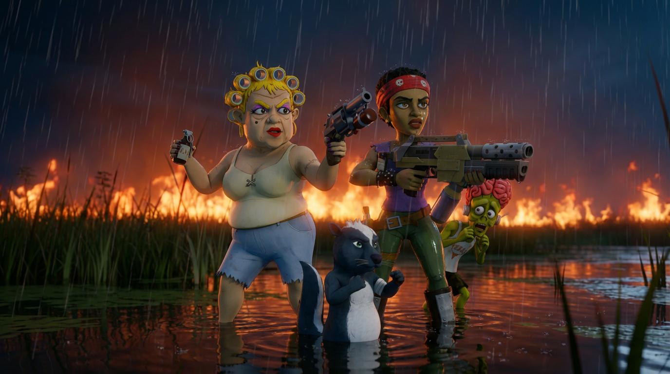 Two armed Badger family members stand in a burning swamp at night.