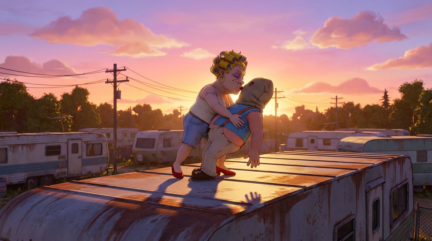 A couple embrace on a trailer roof at sunset in The Real Americans.