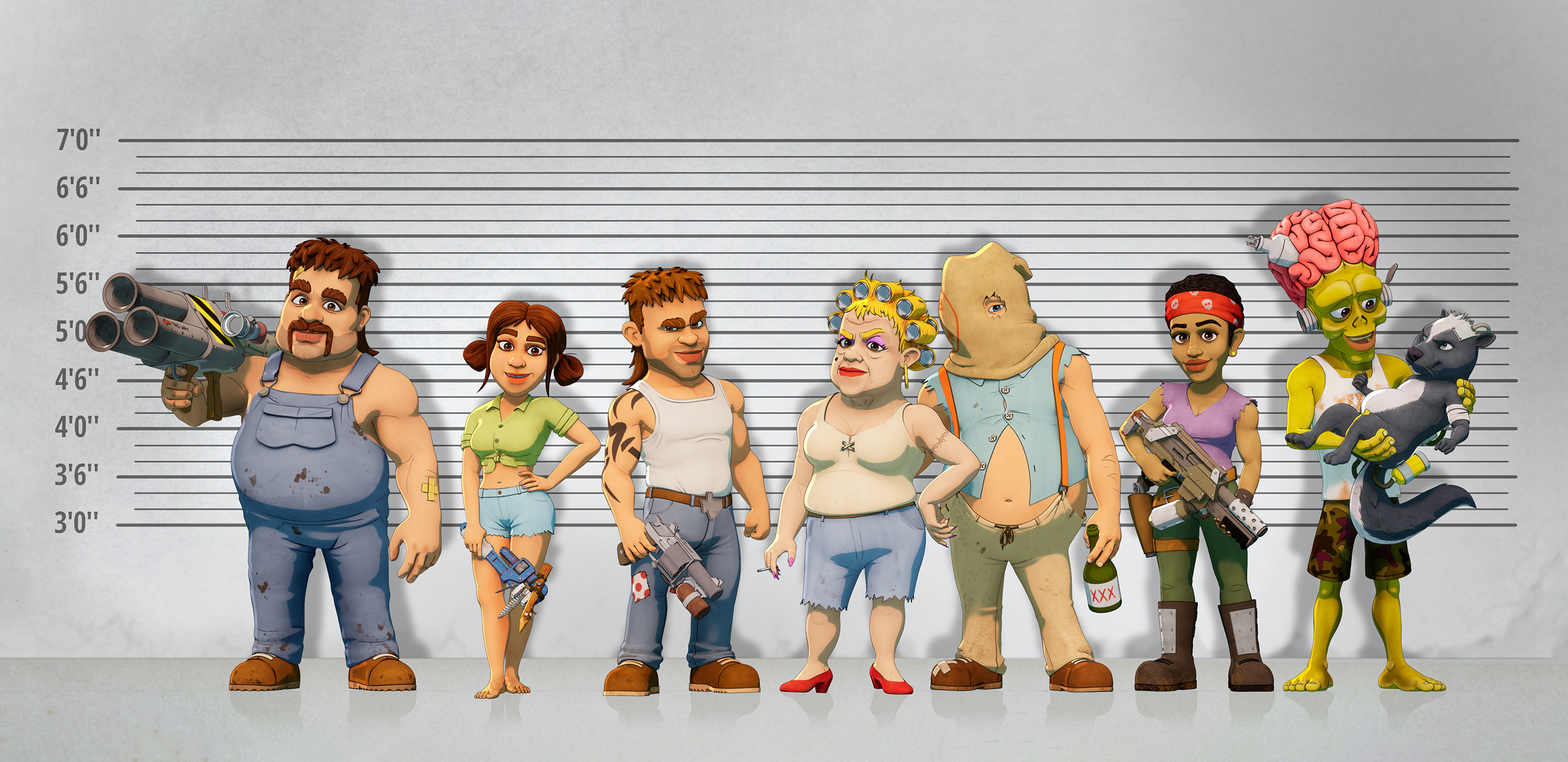 The Badger family and Martians pose against a height chart for The Real Americans.