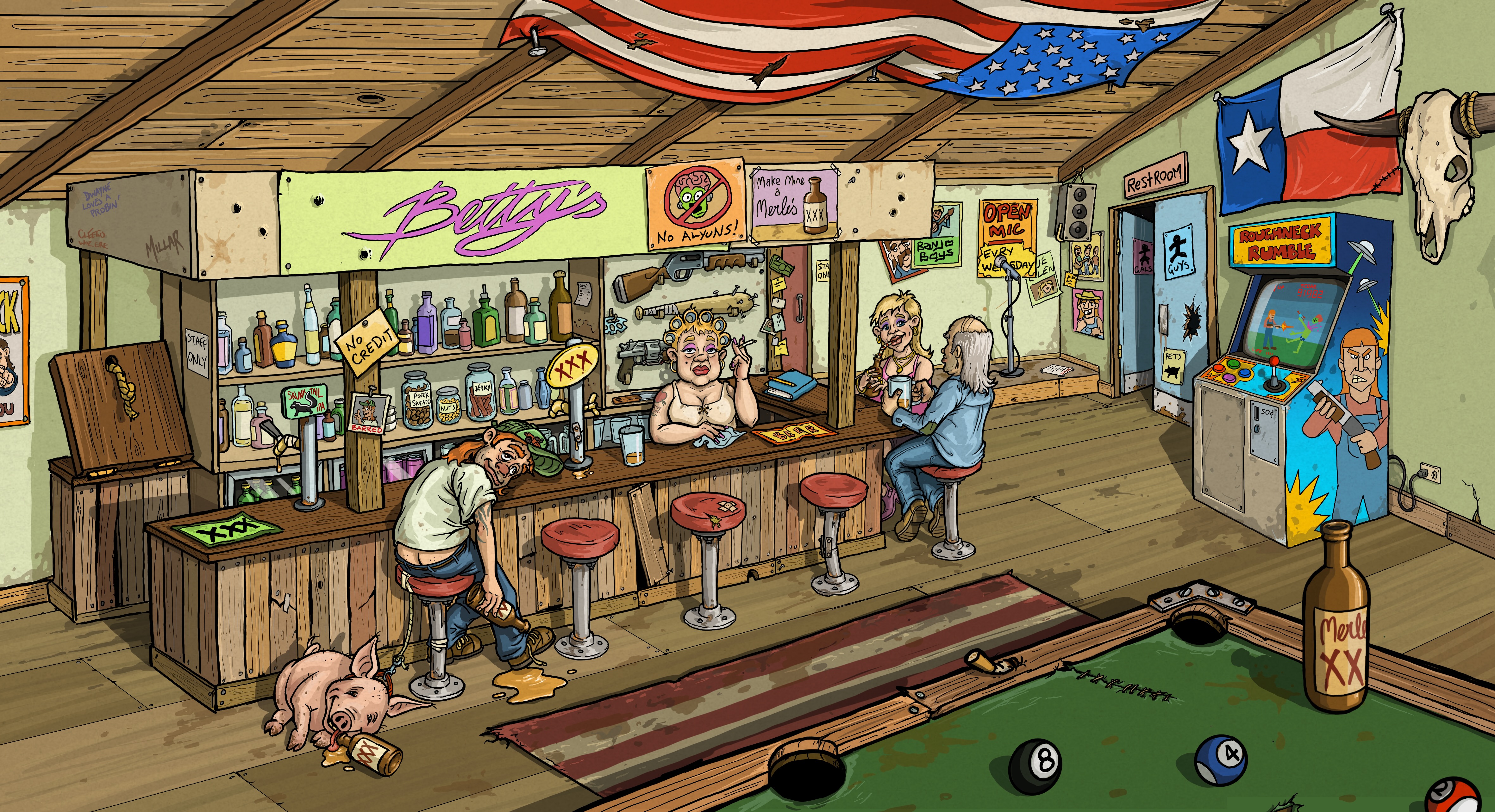 Illustrated interior of Betty's Bar with patrons, stools and an American flag.