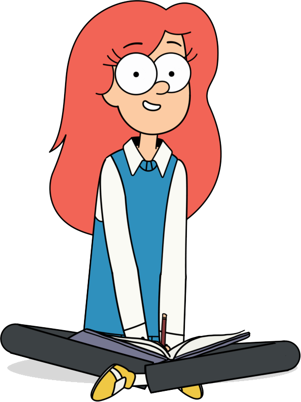 Cassandra sits cross-legged with her notebook.