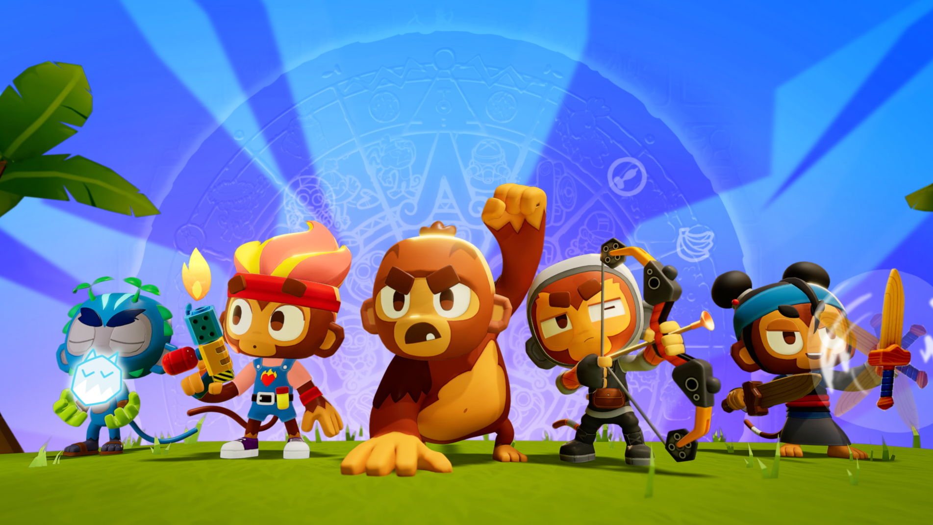 Bloons monkey characters stand together beneath a blue glowing emblem.