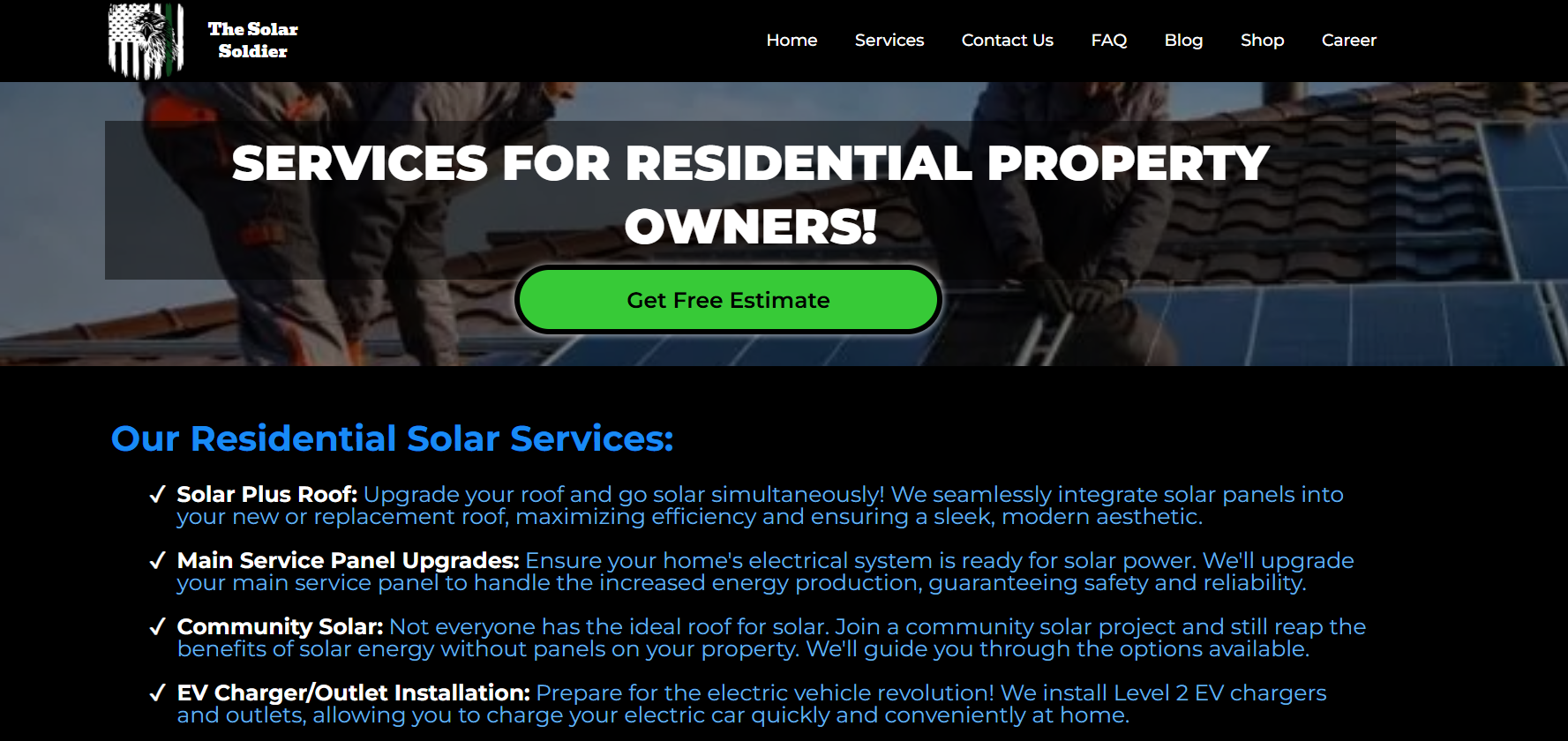 The Solar Soldier residential solar services list covering solar plus roof, main service panel upgrades, and Level 2 EV chargers