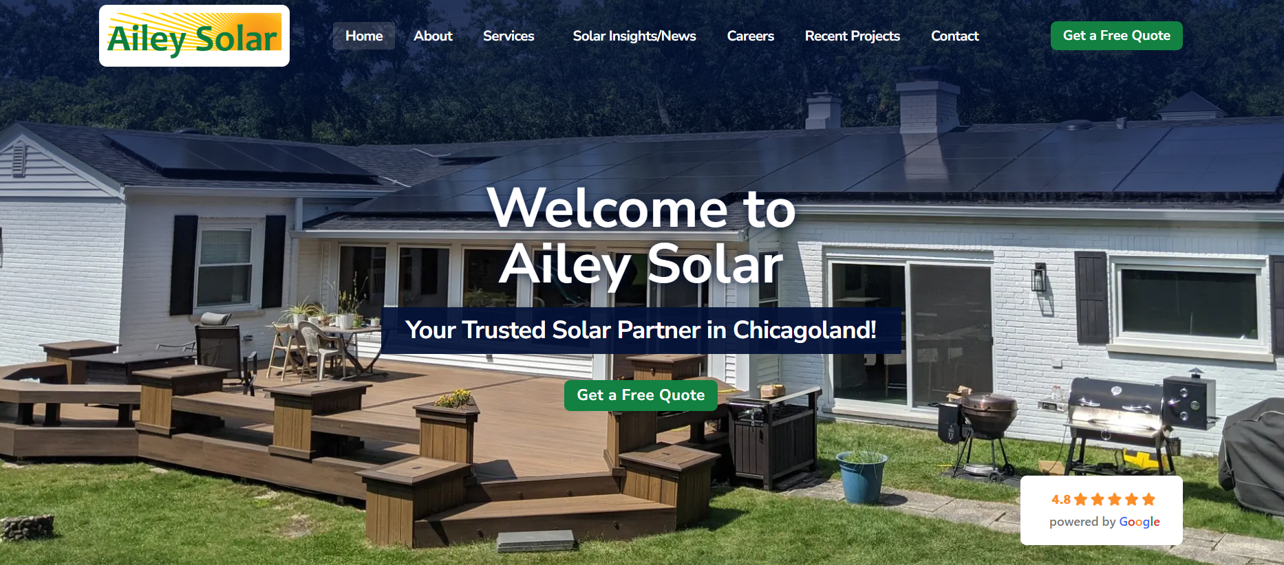 Ailey Solar rooftop array installed across a Chicagoland ranch home roof, with a 4.8 Google rating badge shown