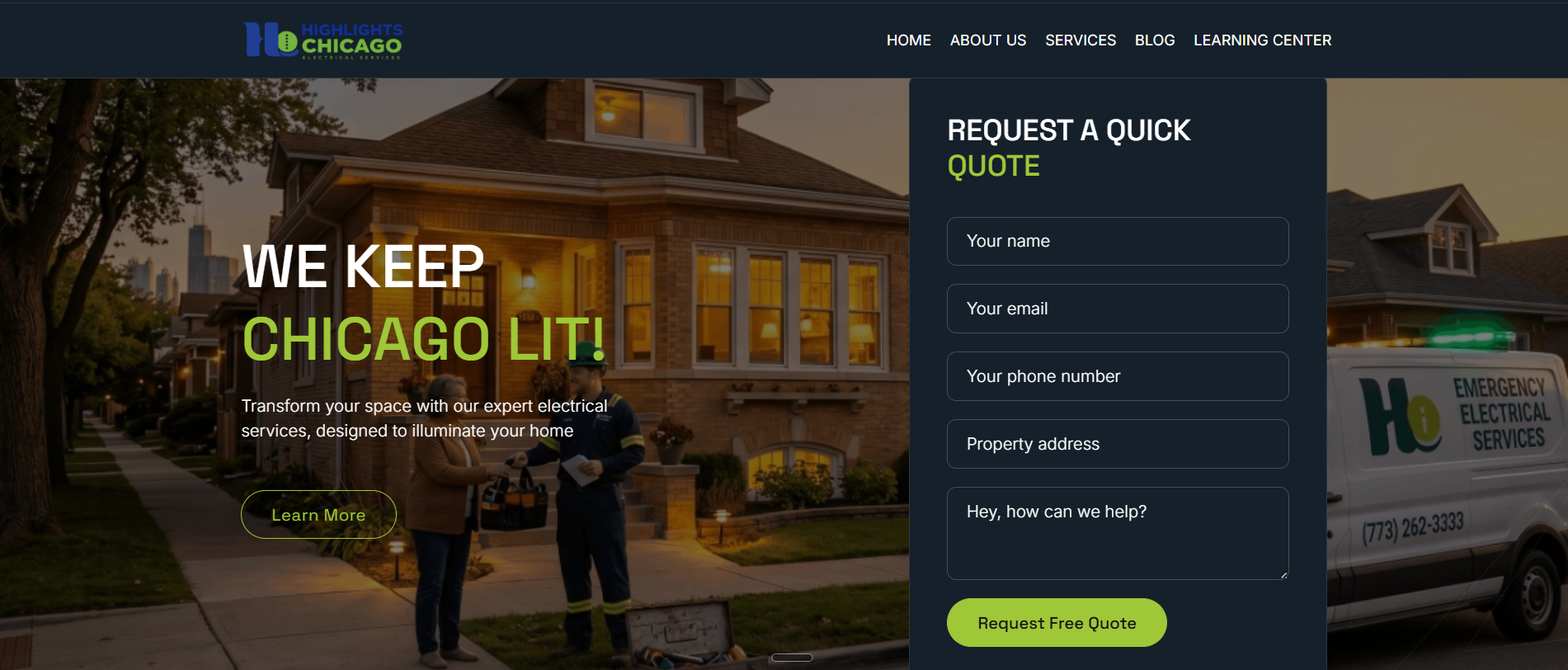 Highlights Chicago electrician meeting a homeowner outside a lit bungalow beside an emergency electrical services van