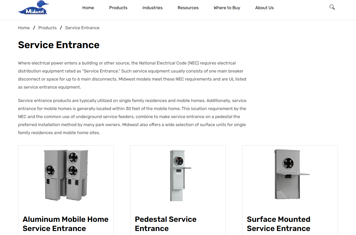 Midwest service entrance units, including pedestal, surface-mounted and mobile home models with main breaker disconnects
