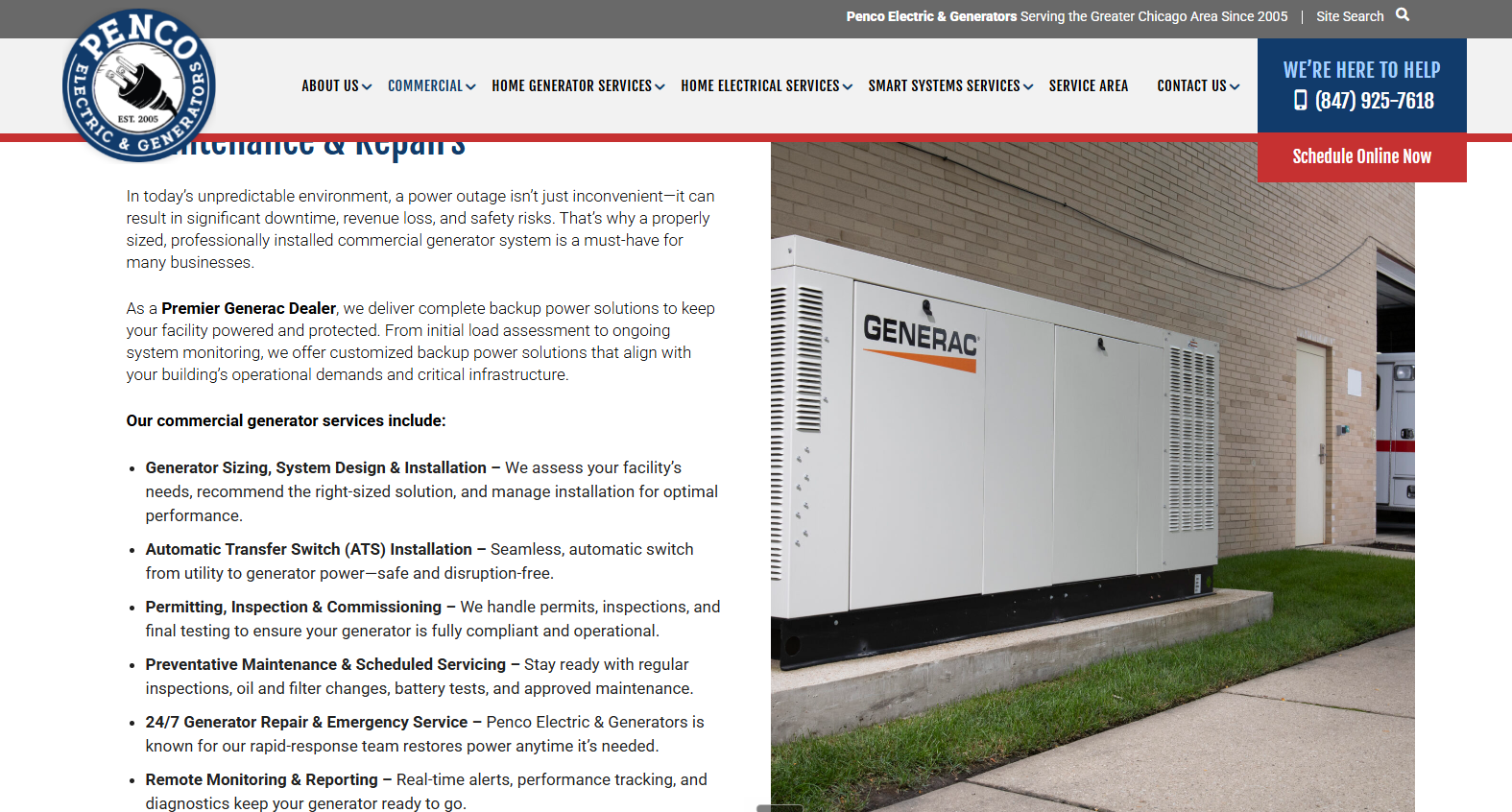 Penco Electric commercial Generac standby generator on a concrete pad, listed with install, ATS and repair services