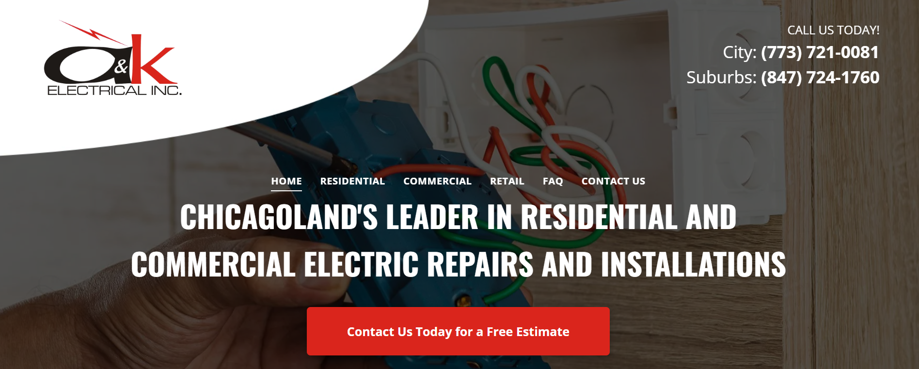 A and K Electrical Inc Chicagoland residential and commercial electric repairs banner with free estimate
