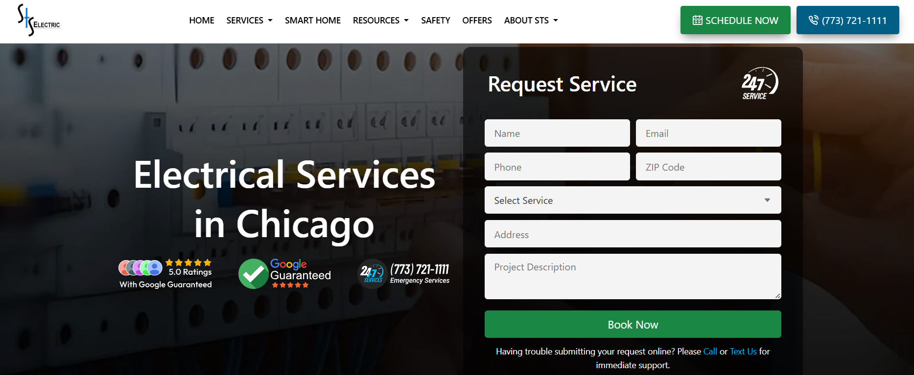 STS Electric Chicago electrical services banner with request service form and 24/7 emergency phone line