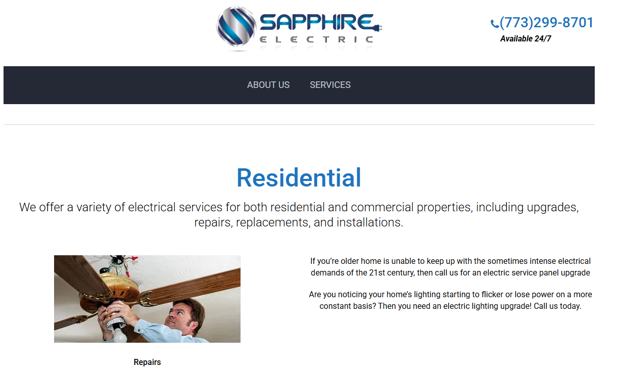 Sapphire Electric residential electrician replacing a ceiling fan light fixture in an older Chicago home