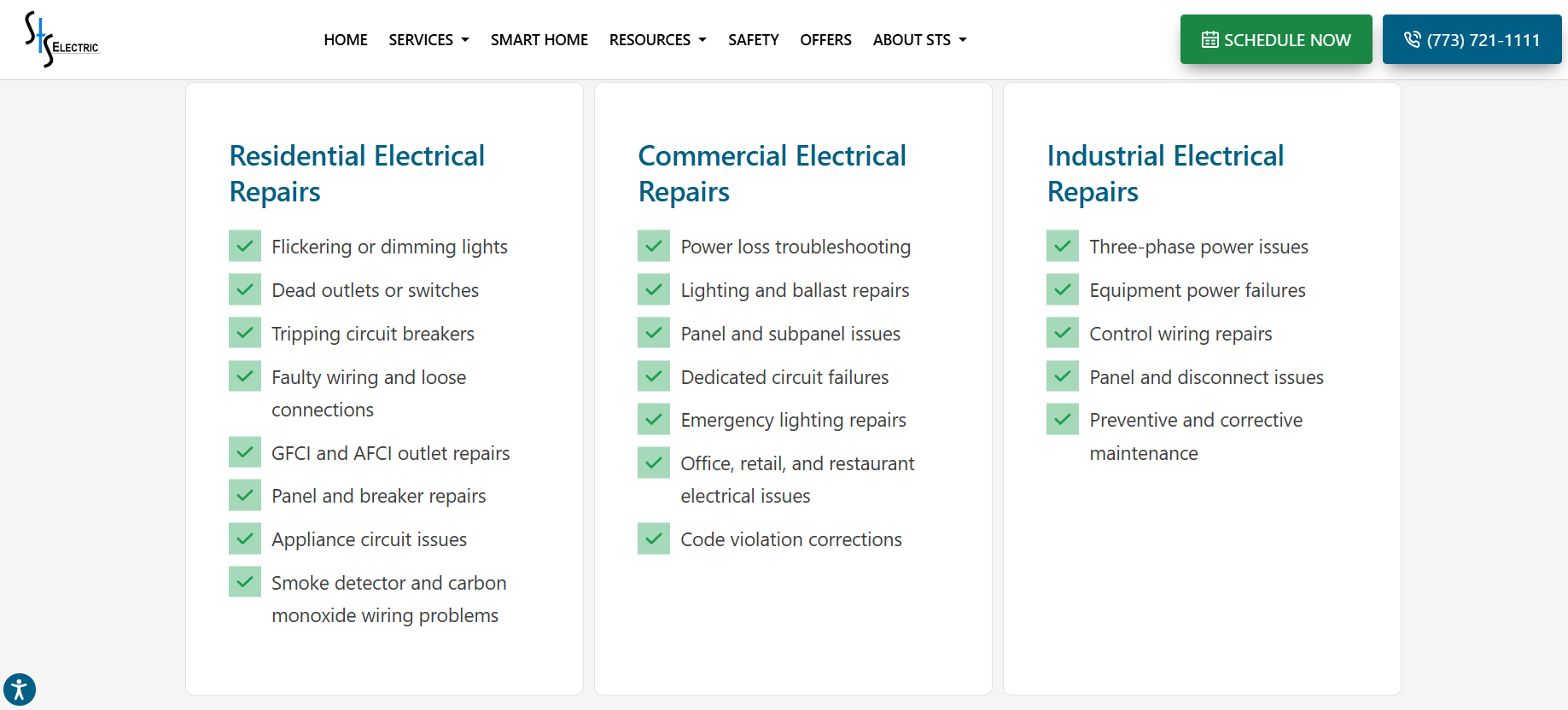 STS Electric service breakdown comparing residential, commercial, and industrial electrical repairs for Chicago buildings