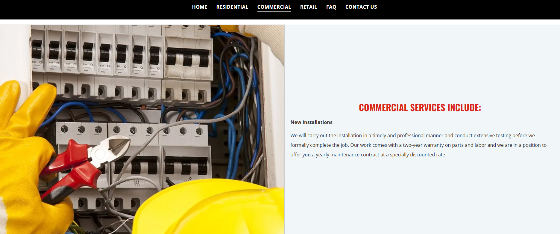 Commercial electrical scope showing new installations, testing, two-year parts and labor warranty, and yearly maintenance