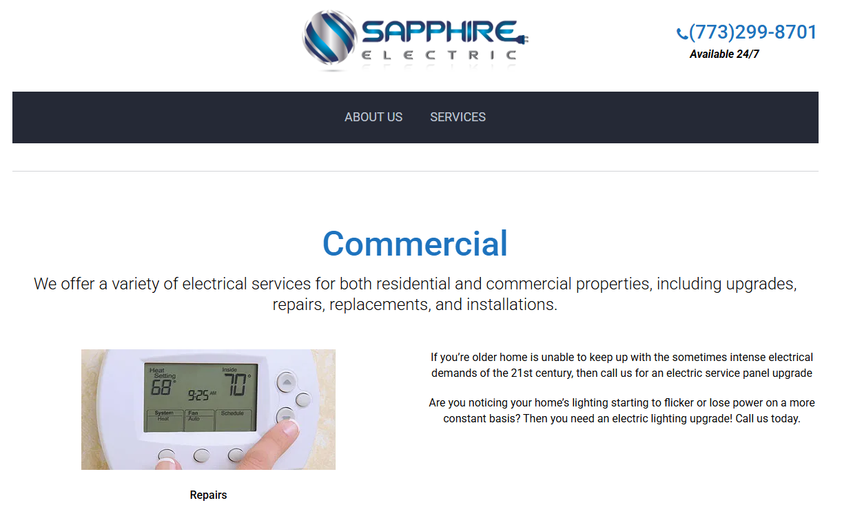 Sapphire Electric commercial electrical services covering upgrades, repairs, replacements, panel work, and lighting faults