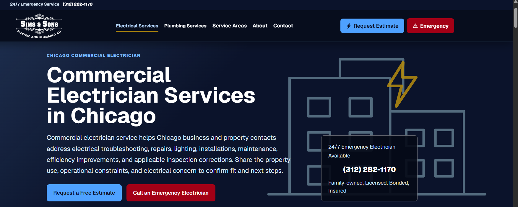 Sims & Sons commercial electrician services in Chicago with 24/7 emergency line and free estimate options