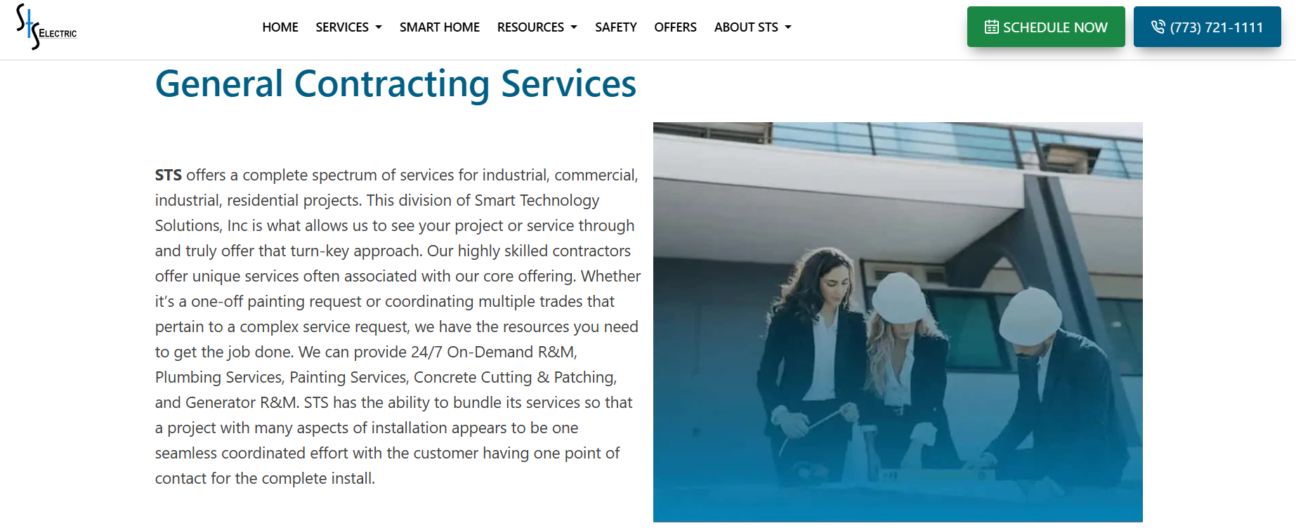 STS Electric general contracting scope covering plumbing, painting, concrete cutting and generator R&M beside electrical work