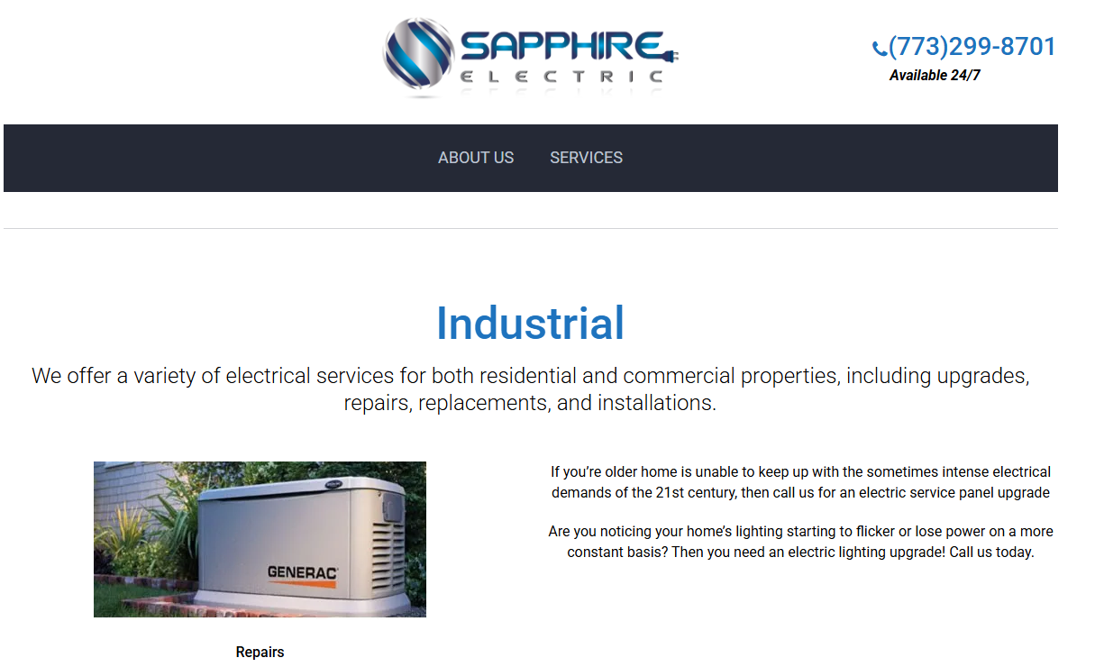 Sapphire Electric industrial electrical services page showing 24/7 phone line, panel upgrade and Generac generator repair scope