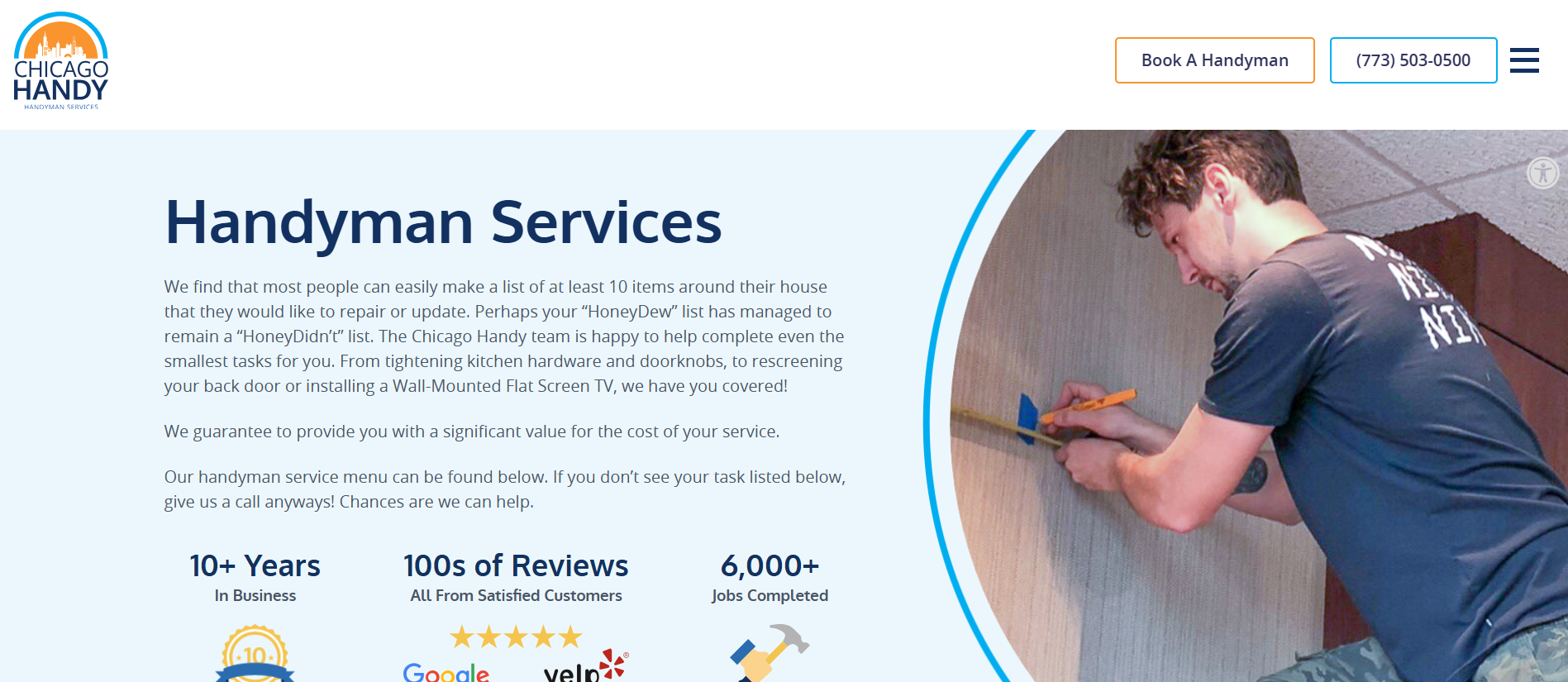 Chicago Handy handyman measuring a wall beside badges for years in business, reviews and jobs completed
