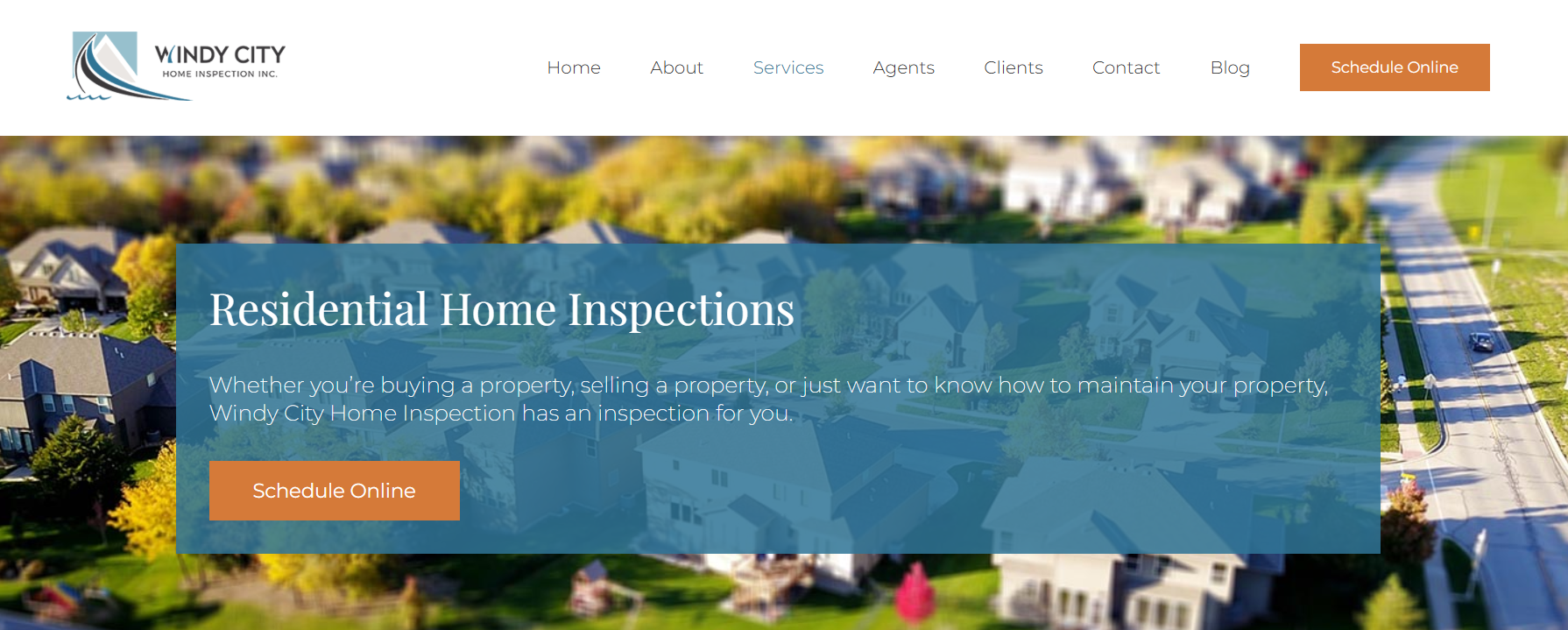 Windy City Home Inspection residential inspection banner with services navigation and online scheduling button