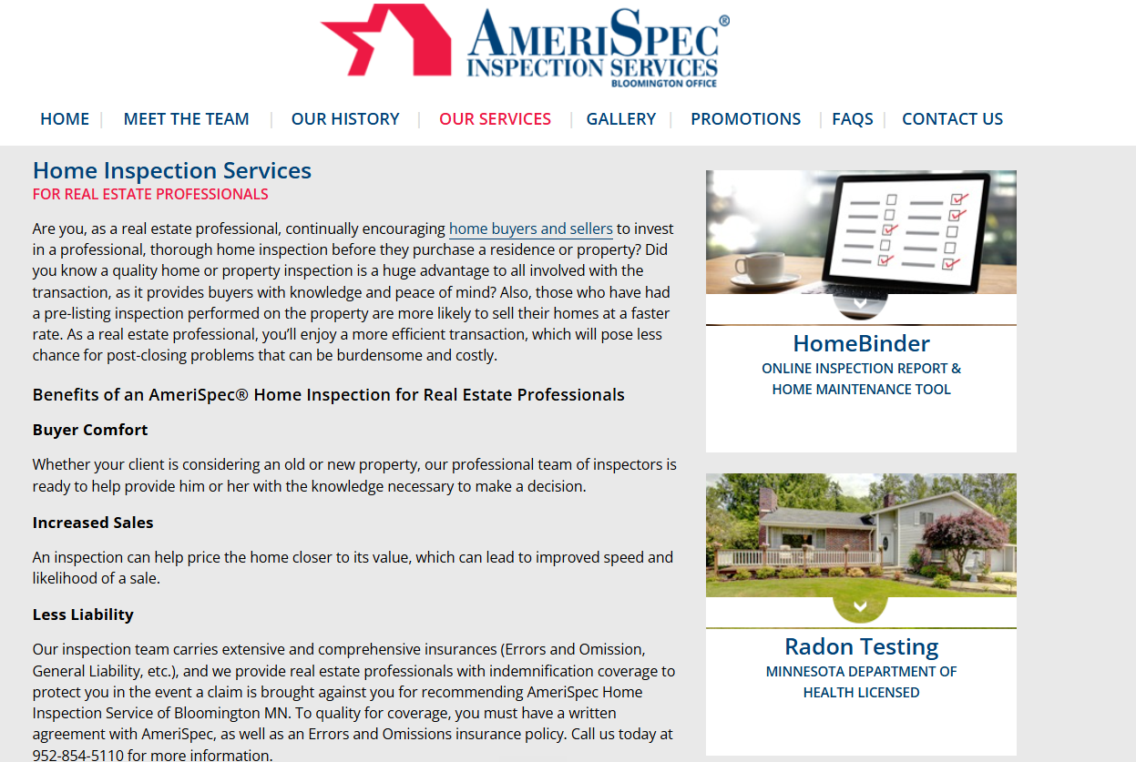 AmeriSpec Inspection Services listing home inspection services, HomeBinder online report tool and licensed radon testing