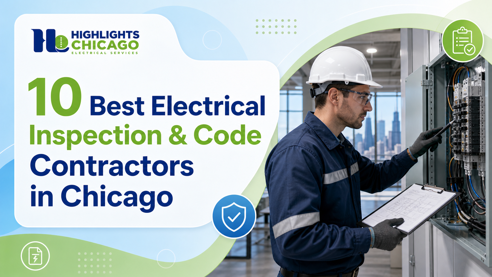Inspector checking breaker connections with a screwdriver while holding a wiring diagram clipboard in a Chicago office
